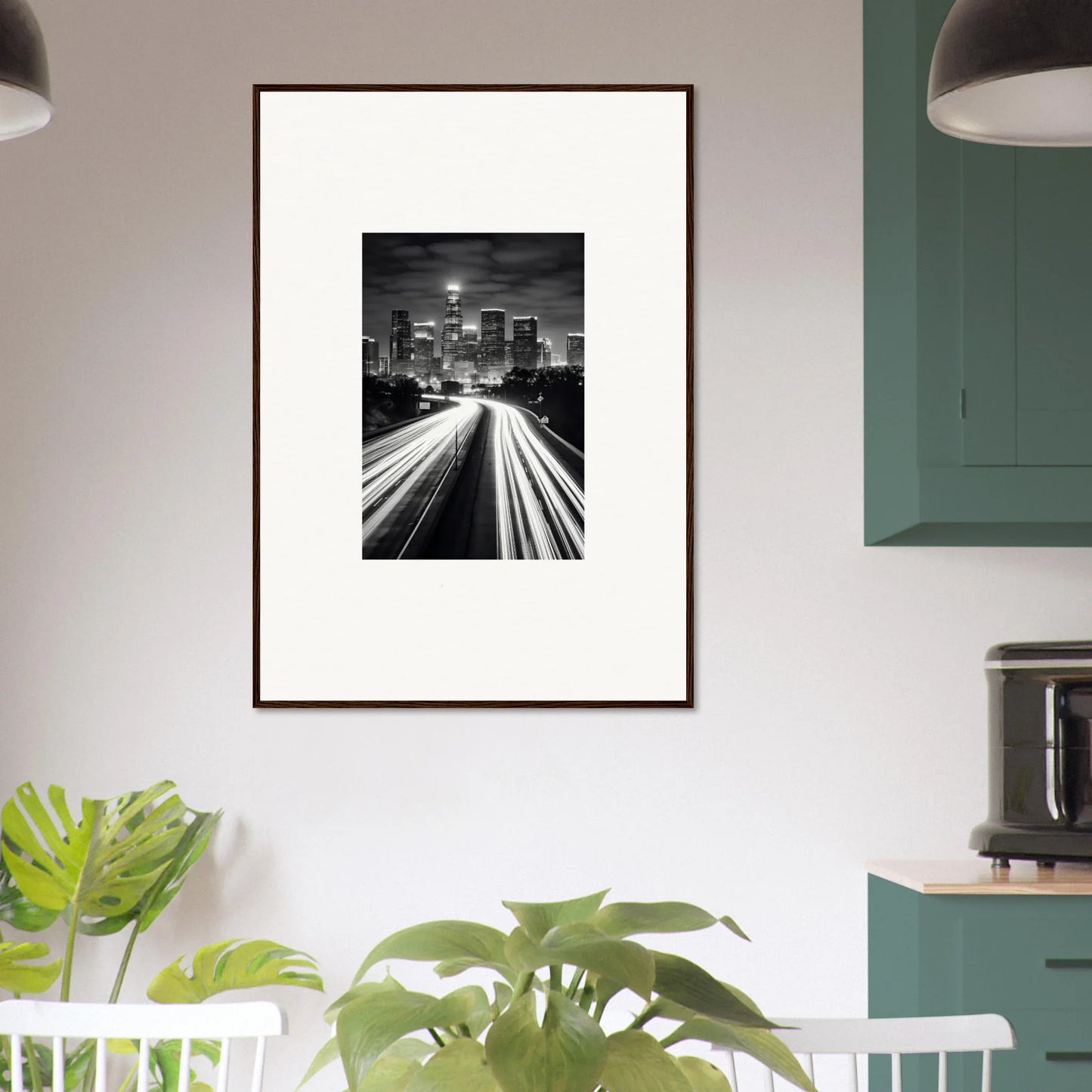 Framed wall art of a cityscape with light trails in special edition art™ style