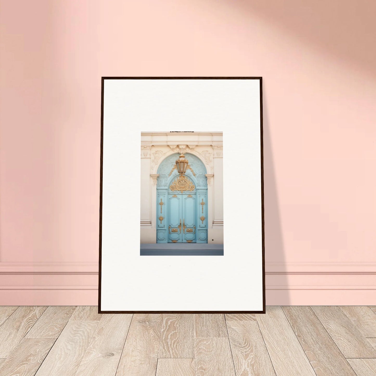 Framed poster of an ornate light blue door, the perfect Ethereal Thresholding Gate art
