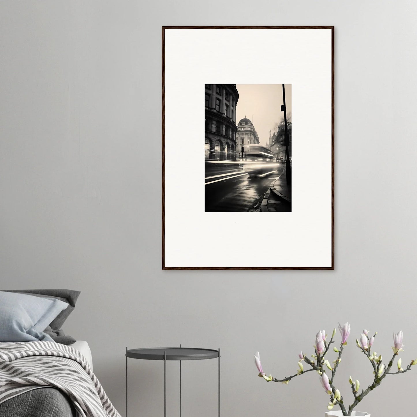 Framed black and white photo of a rainy city street for Ethereal Citypulse Reverie
