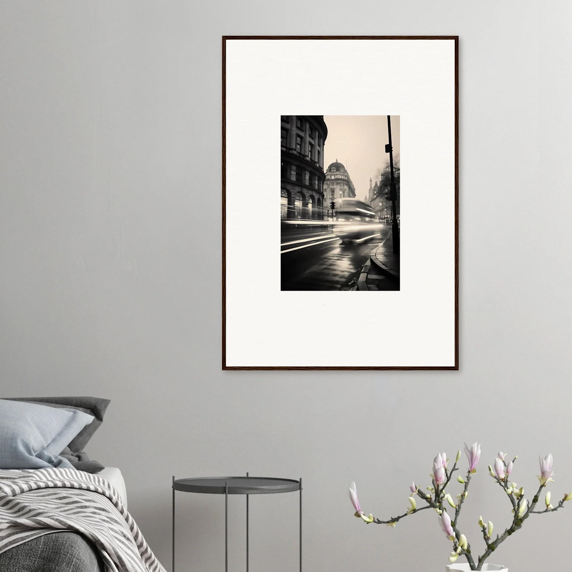 Framed black and white photo of a rainy city street for Ethereal Citypulse Reverie