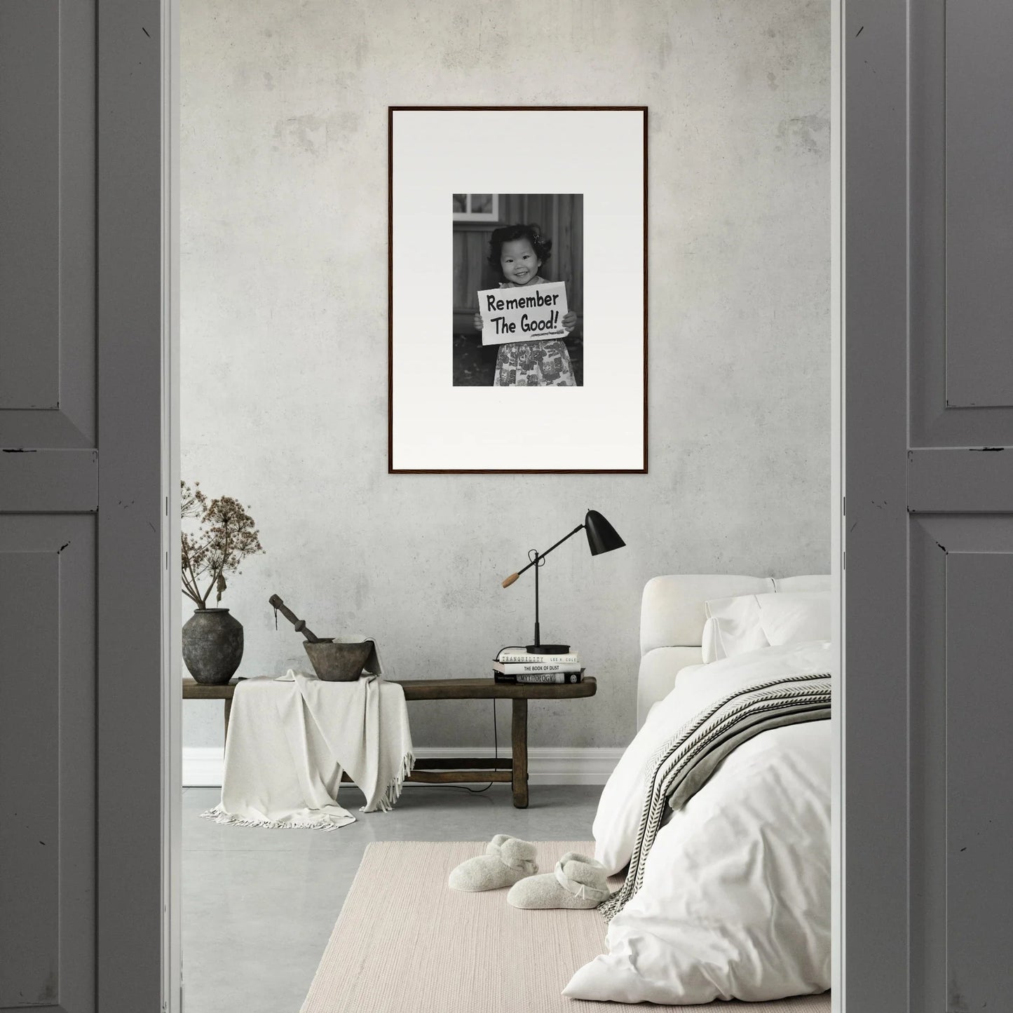 Framed black and white photograph on light gray wall from Essence Savor Whispers collection
