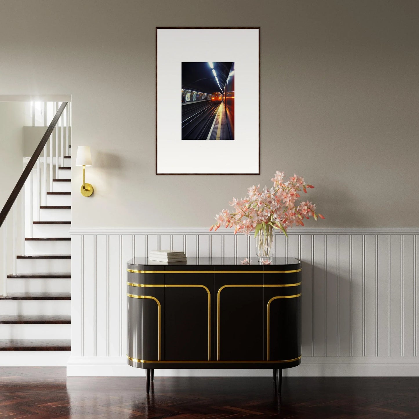 Art Deco black cabinet with gold trim, perfect for Threads Passagesquent Hues collection
