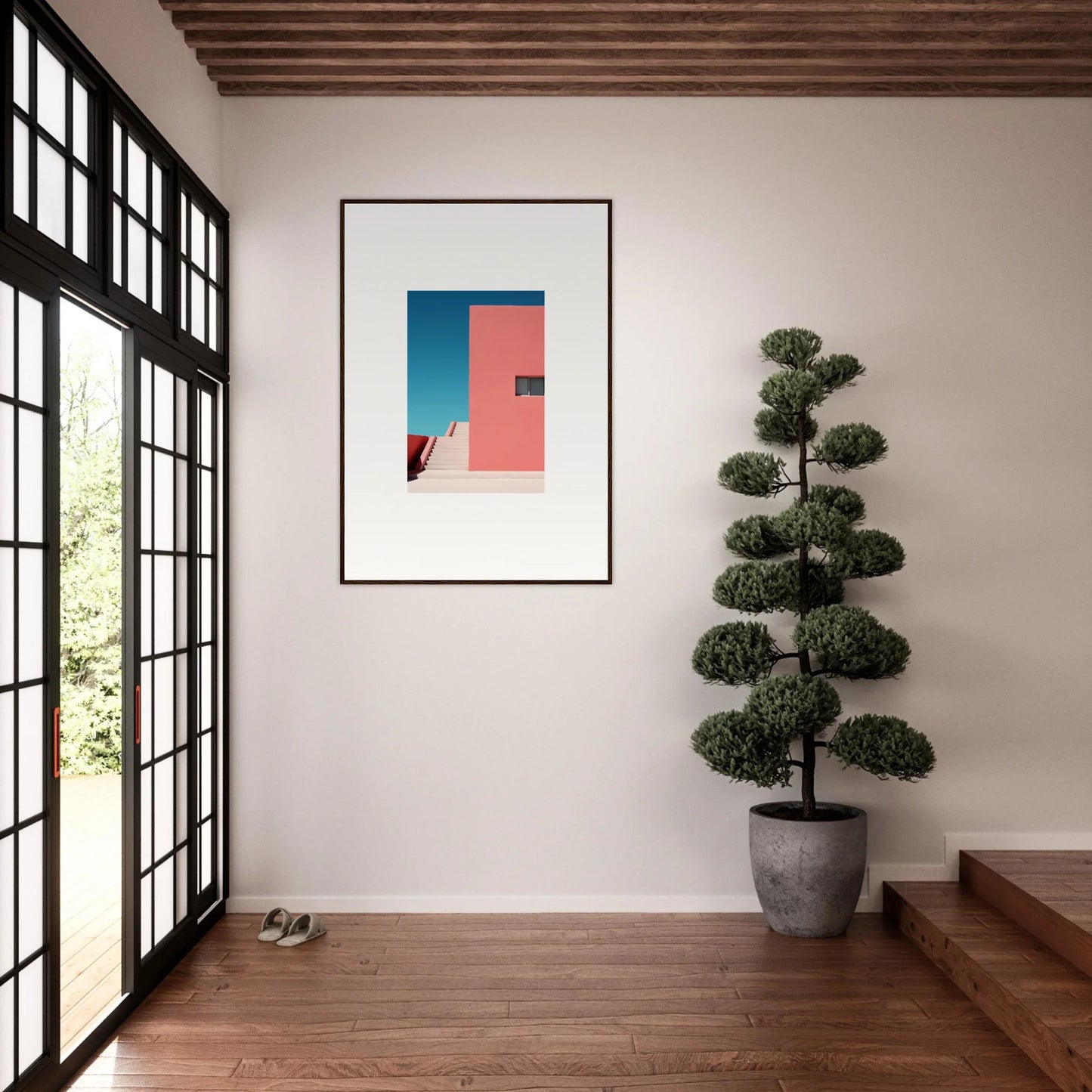 Minimalist architectural print with pink and blue shapes in Cerulean Dream Ickles