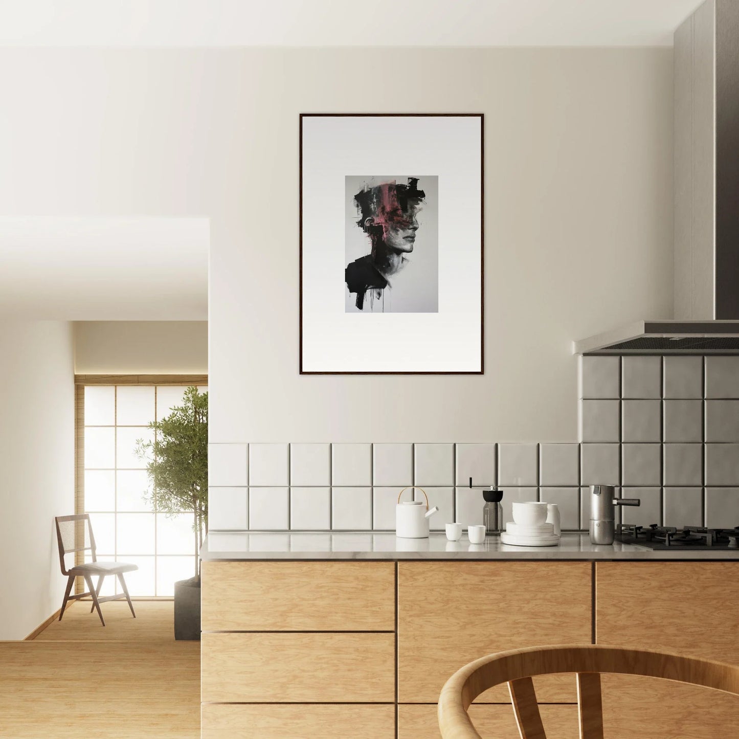 Modern kitchen with light wood cabinets, perfect backdrop for Fragmented Psyche Canvas