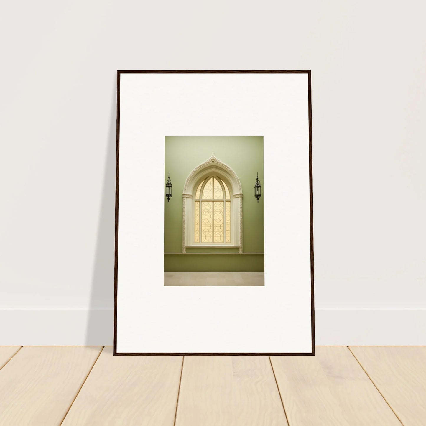 Framed wall art of an arched church window in Opalescent Tranquility Dwelling