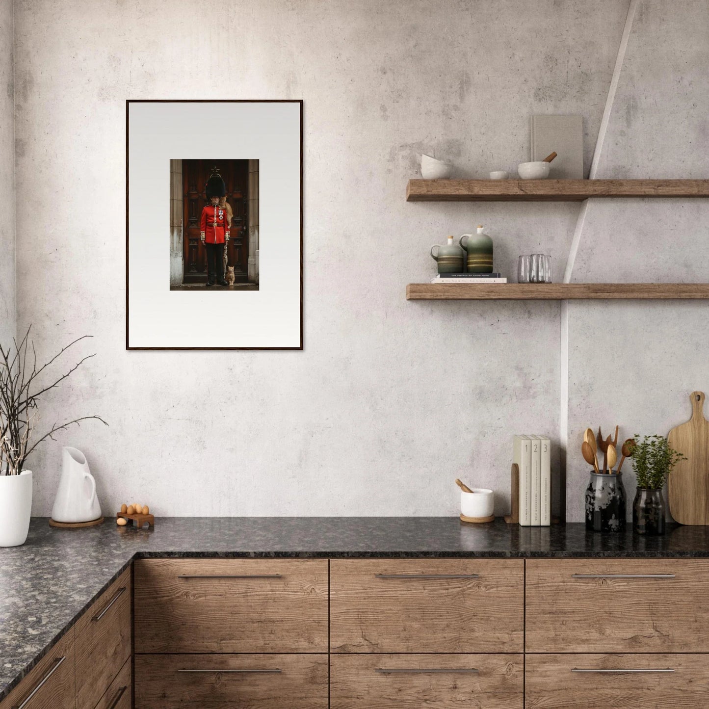 Modern kitchen featuring wooden base cabinets and dark countertops, part of God Save art™