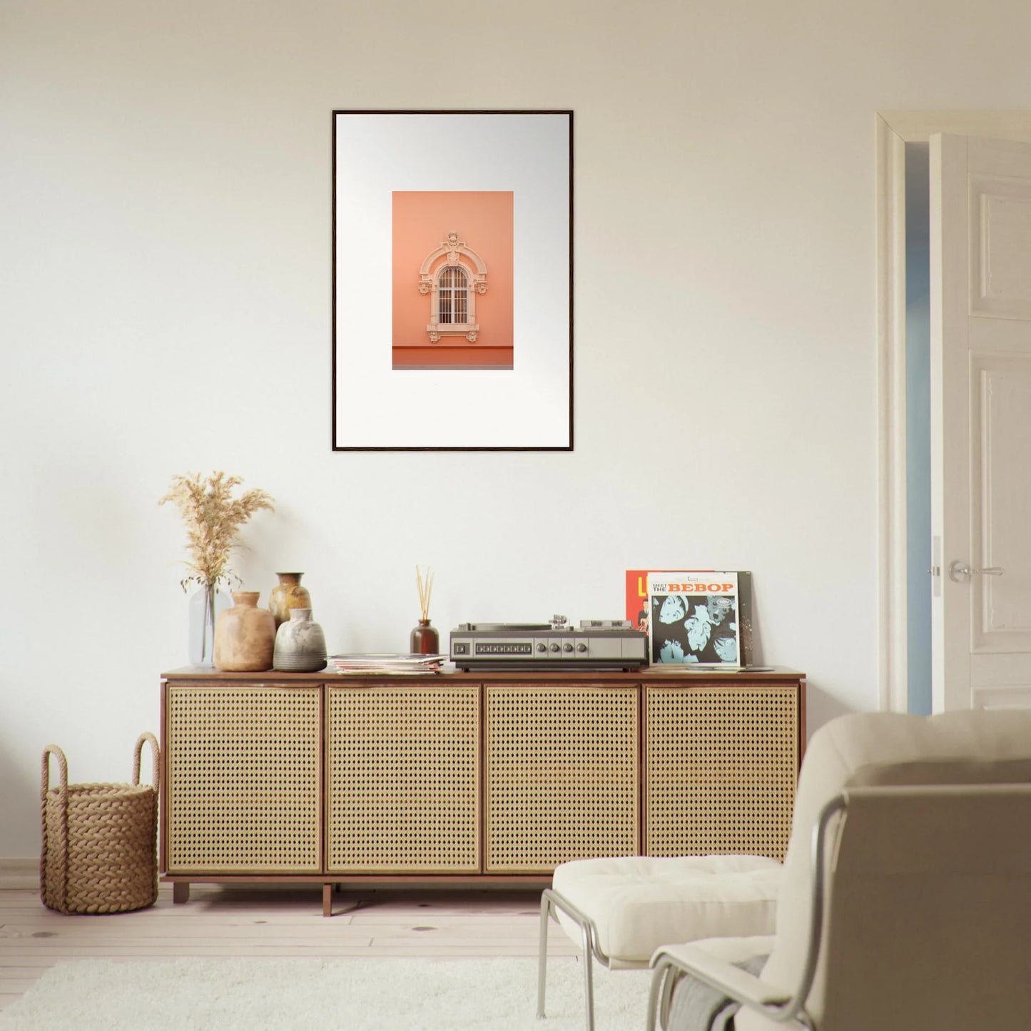 Opulent Dualities Neoclassical rattan-fronted wooden credenza with four cabinet doors