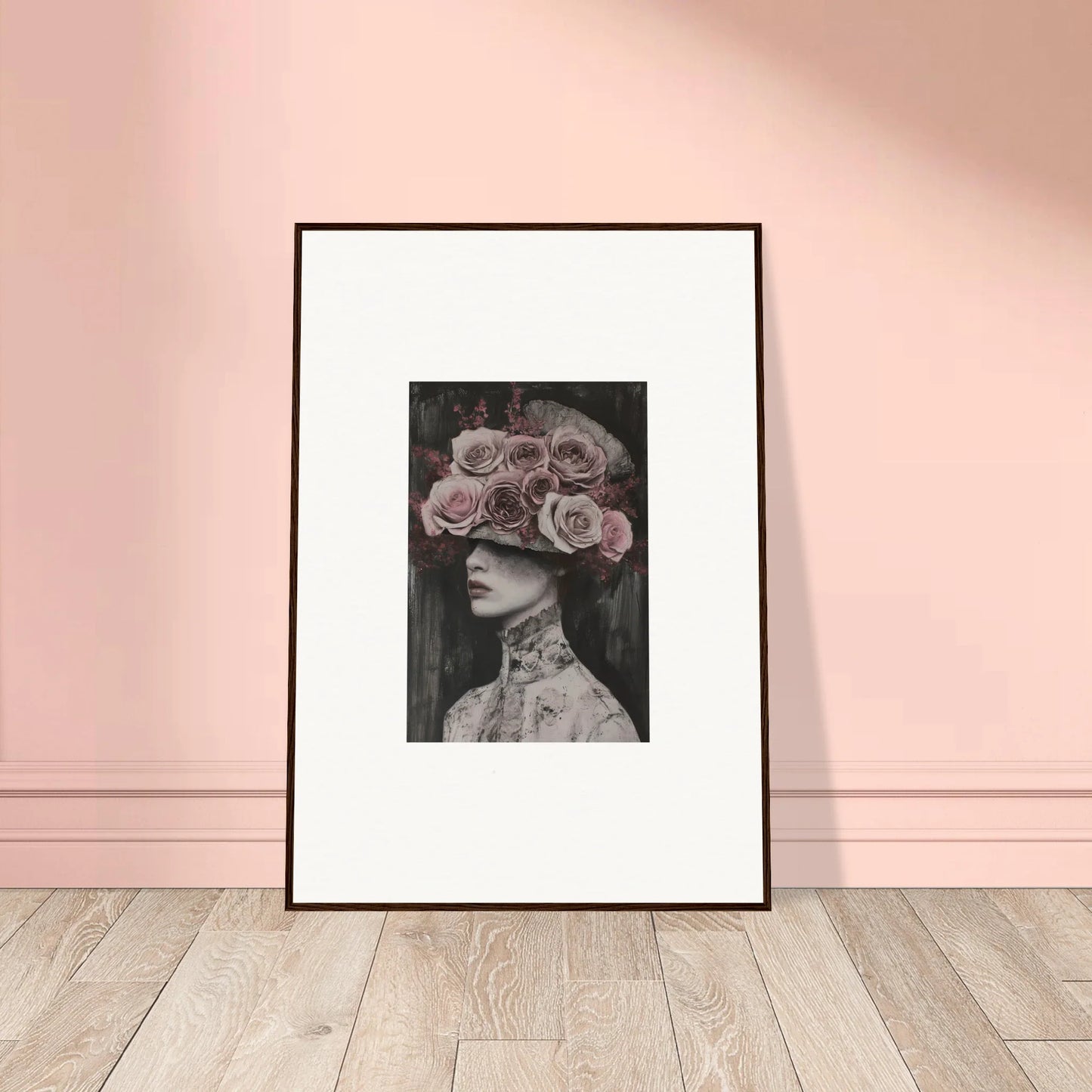Framed wall art of Floral Odyssey Veil with a silhouette and pink roses design
