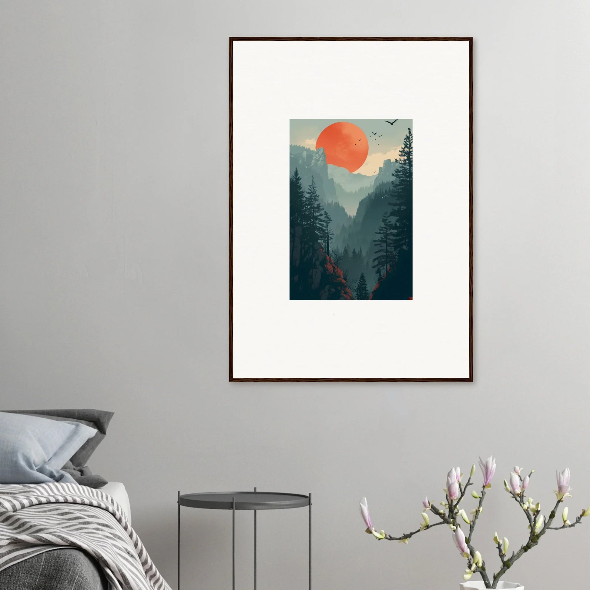 Framed canvas print of a forest landscape with a bright orange sun for room decoration