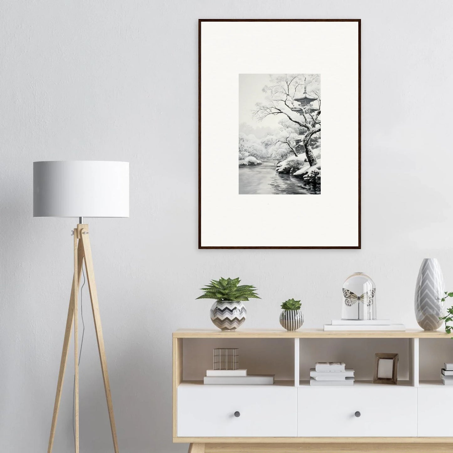 Modern white media console with open shelving and drawers for Metaphysical Winter Reverie