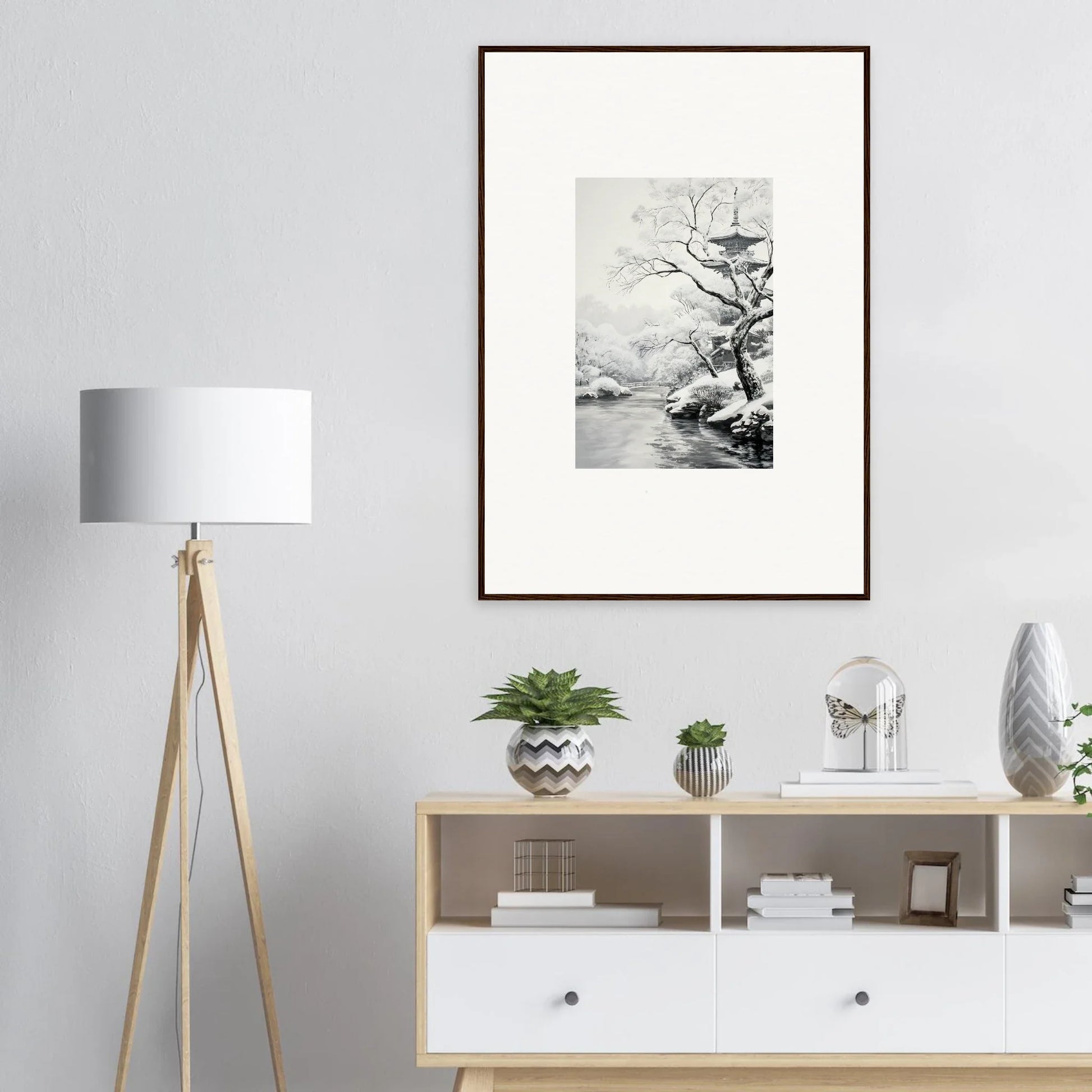 Modern white media console with open shelving and drawers for Metaphysical Winter Reverie