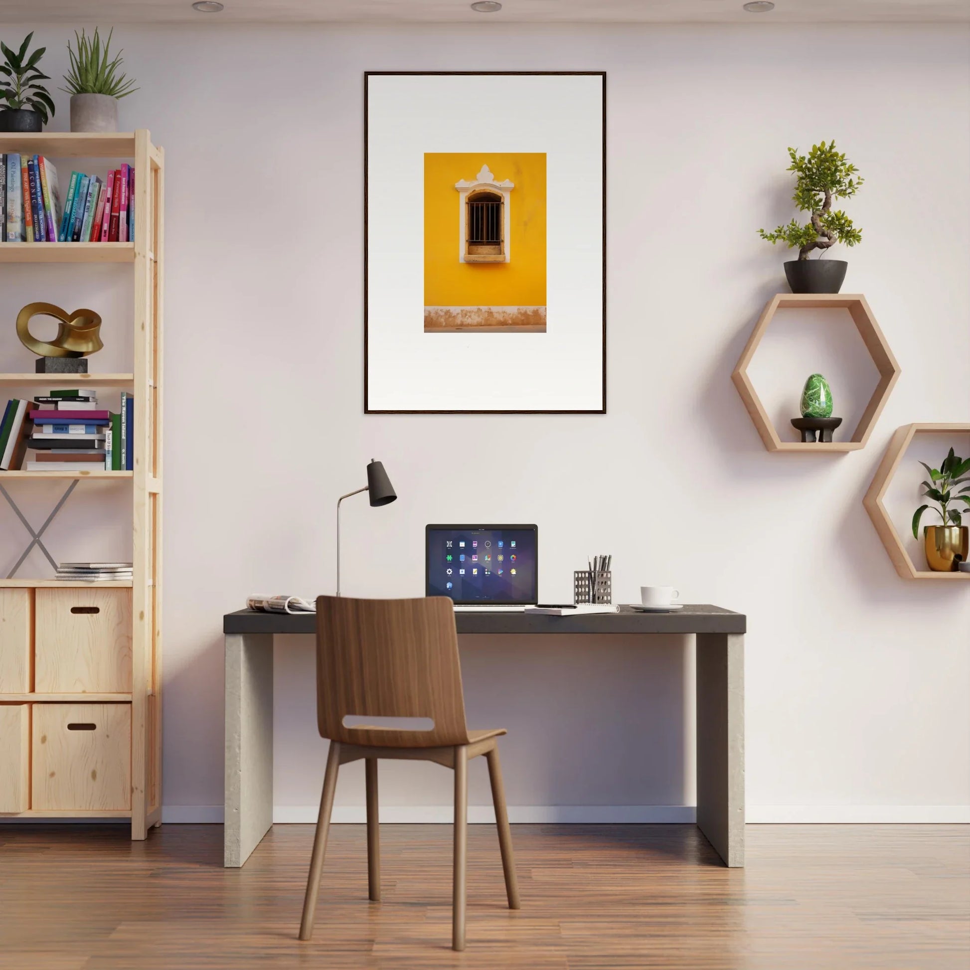 Modern home office featuring Daisy Dreamgate Portal with dark desk and stylish decor