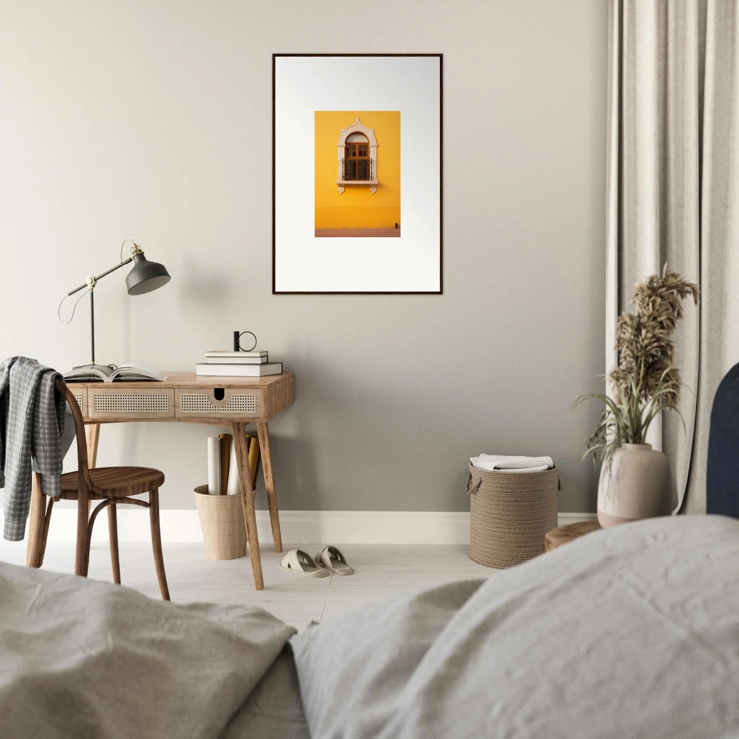 Framed photograph of a window on a yellow wall from the Golden Portal Reverie collection