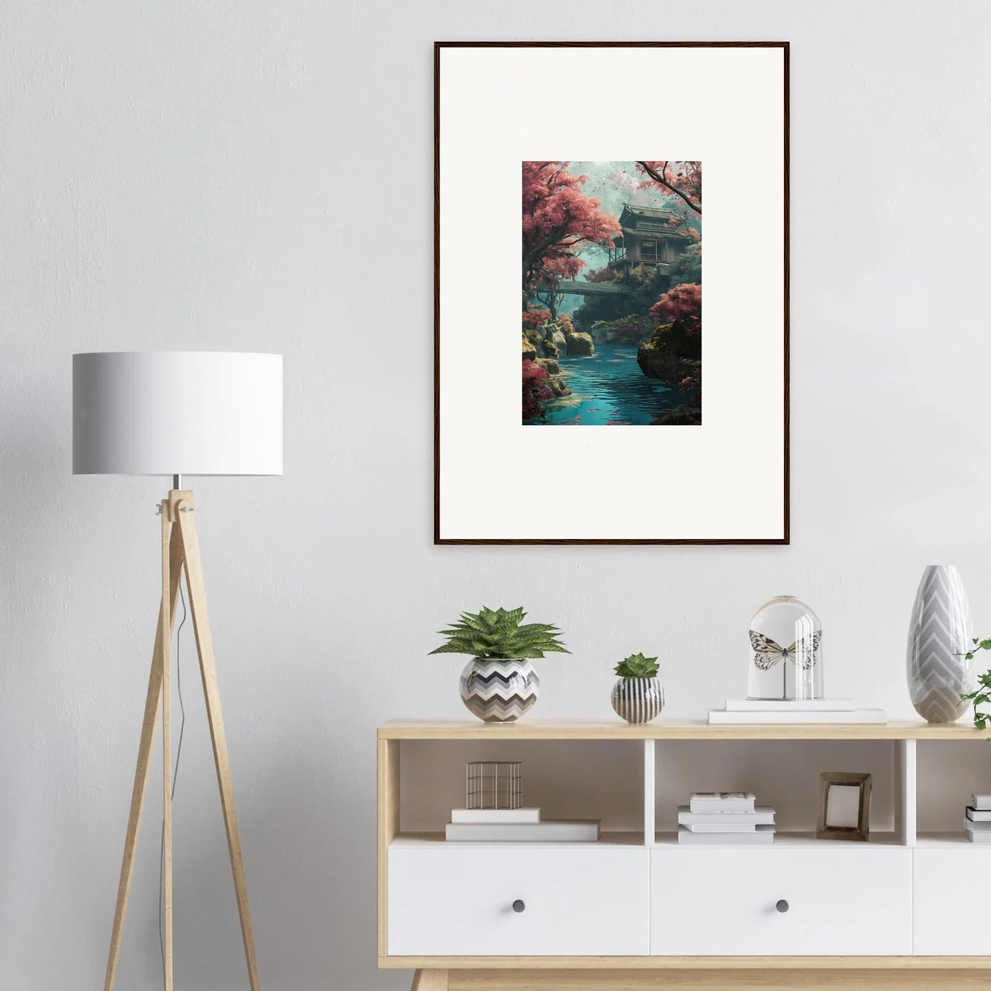 Framed art of Serenity’s Dreamscape with a mystical pagoda and red foliage by a stream
