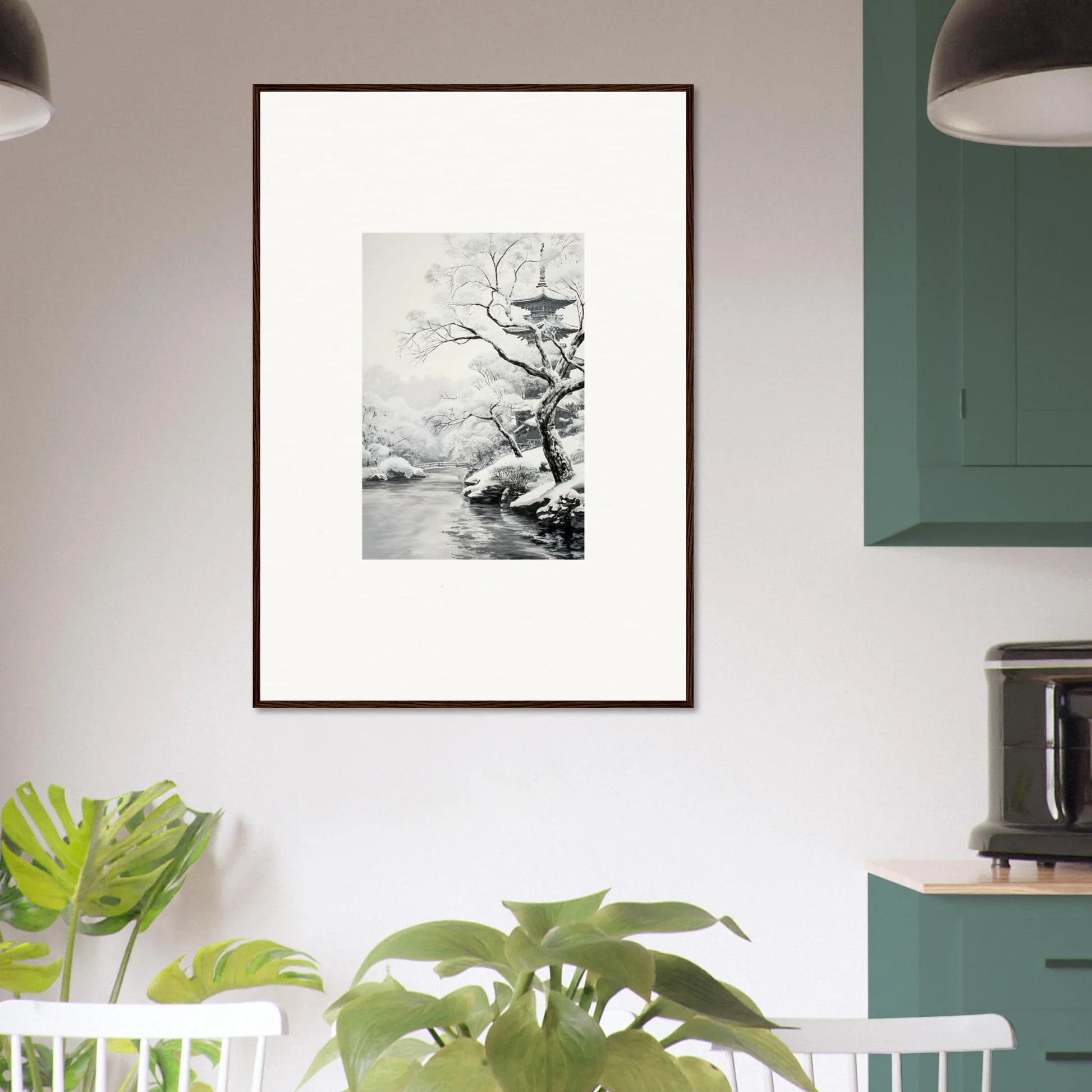Framed black and white tree artwork in Metaphysical Winter Reverie by the water
