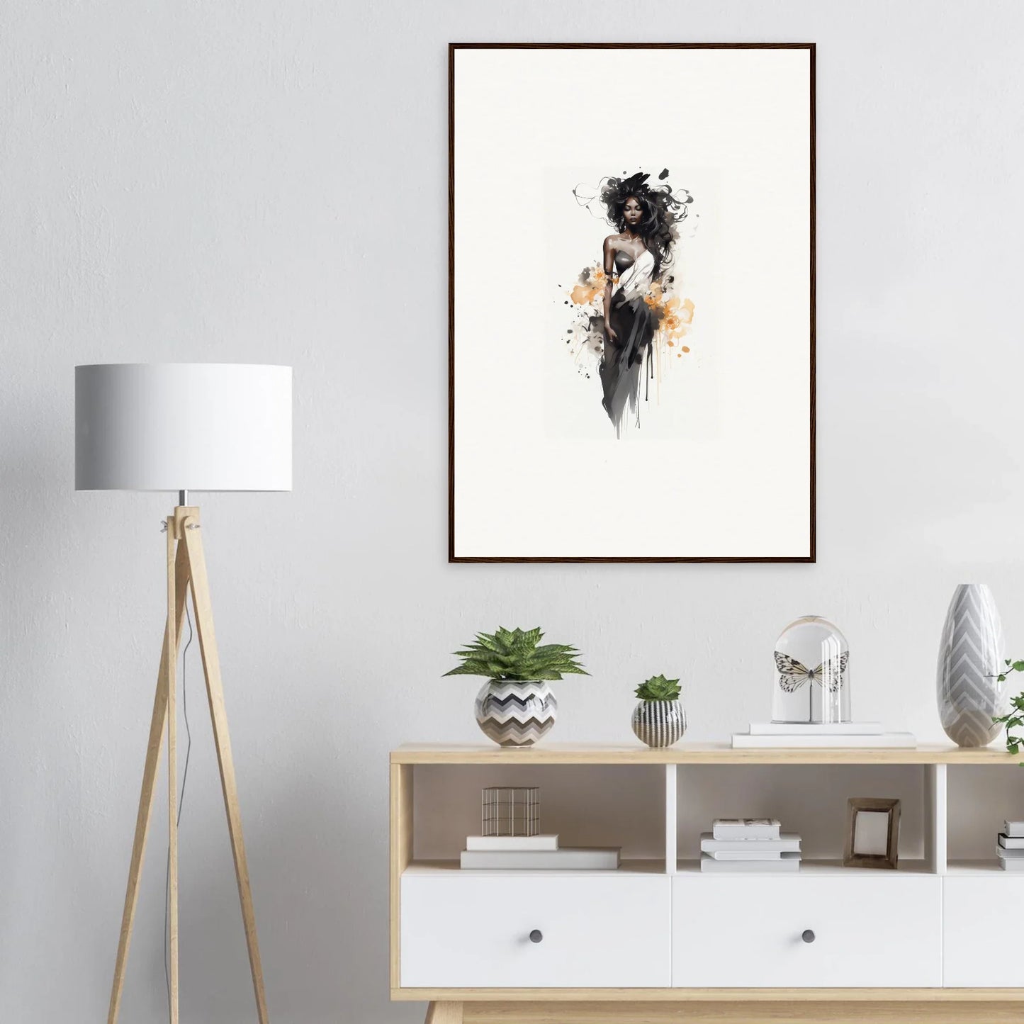 Artistic black and orange watercolor silhouette in Harlequin Suns Wash framed wall art