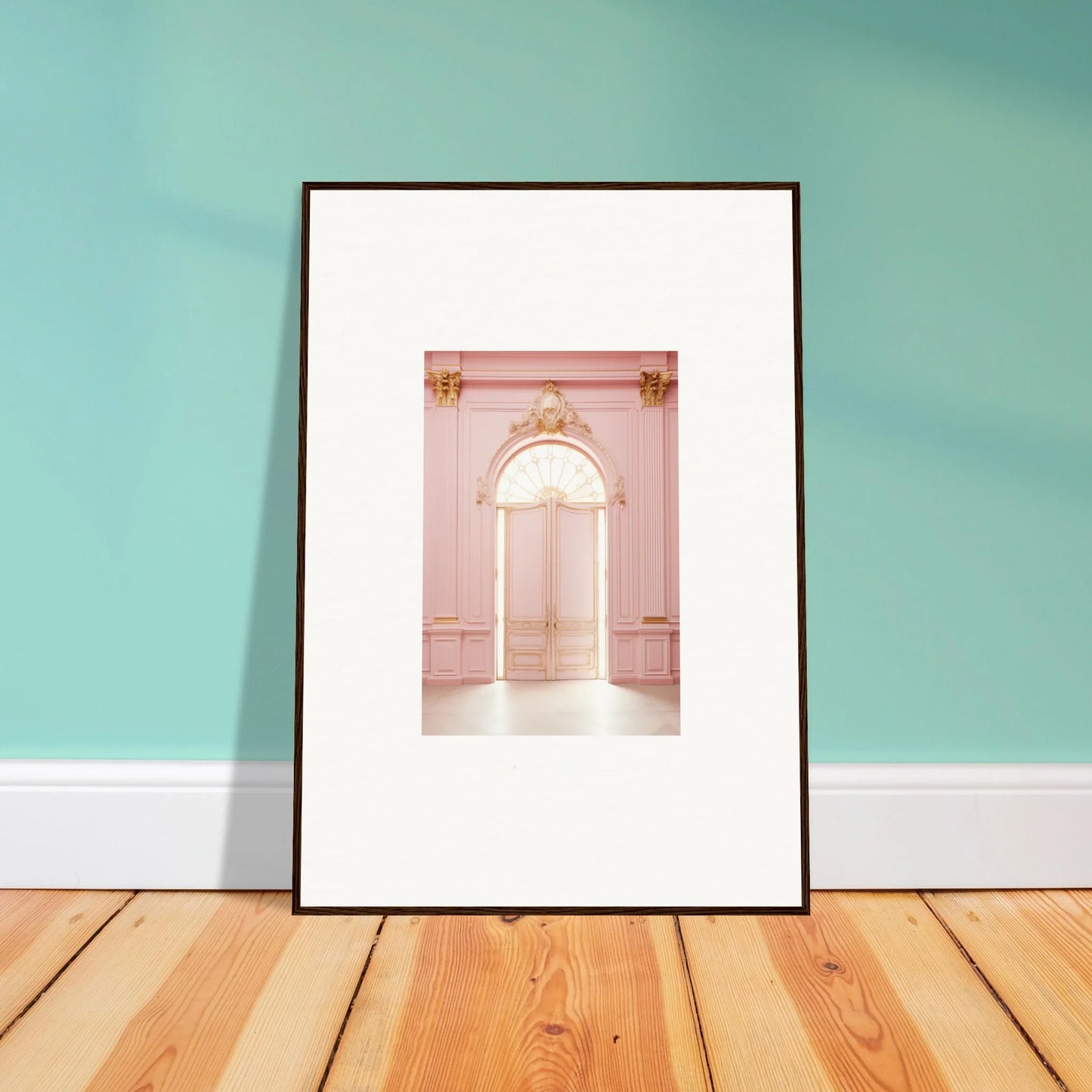Framed wall art of a pink ornate doorway from the Luminous Dreams Portal collection