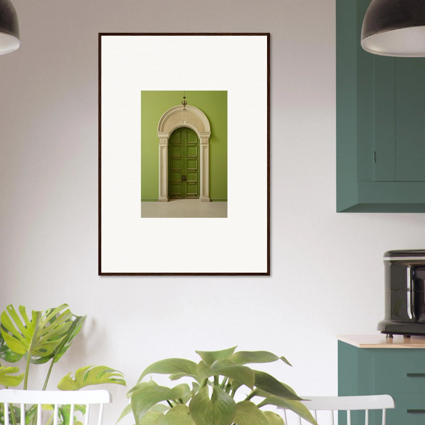 Framed wall art featuring a green arched doorway, part of the Verdant Luminary Portal collection