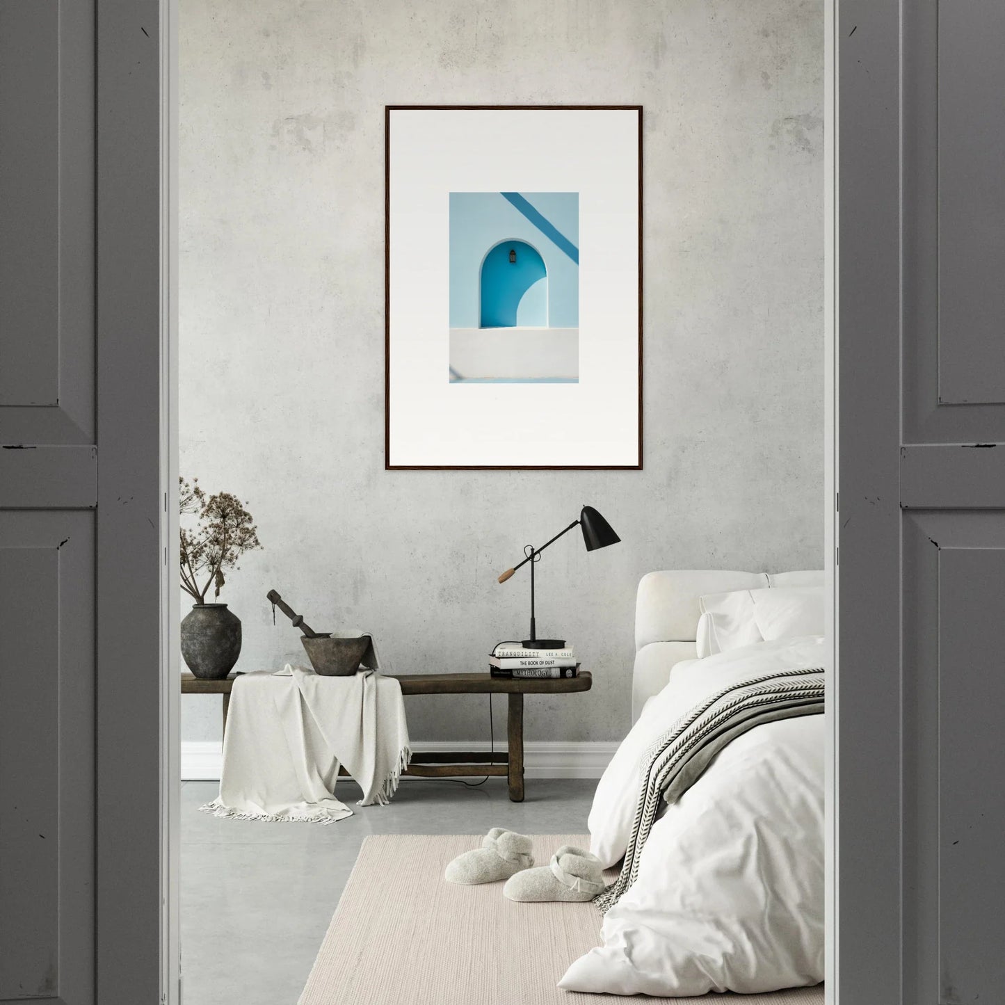 Framed wall art featuring Elusive Solitude Clarity with blue and white archway details