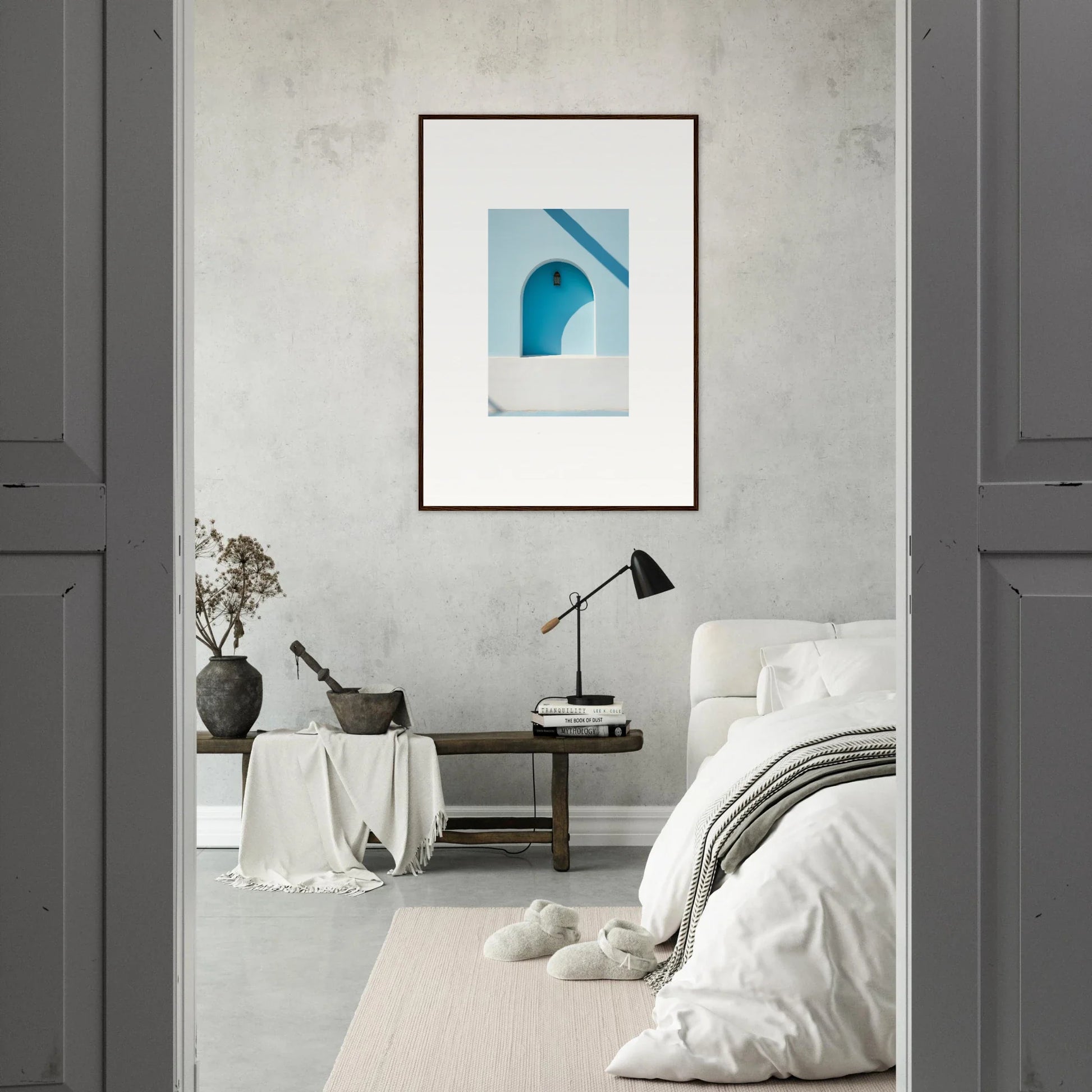 Framed wall art featuring Elusive Solitude Clarity with blue and white archway details