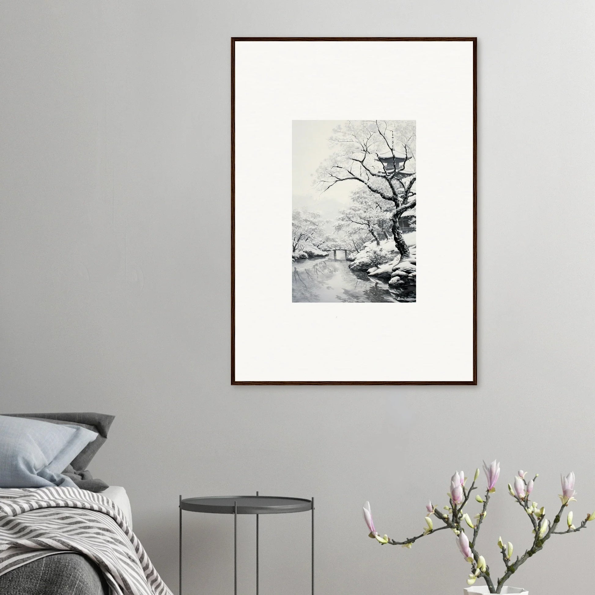 Framed black and white photo of a snowy winter landscape for Chilled Lunar Embrace