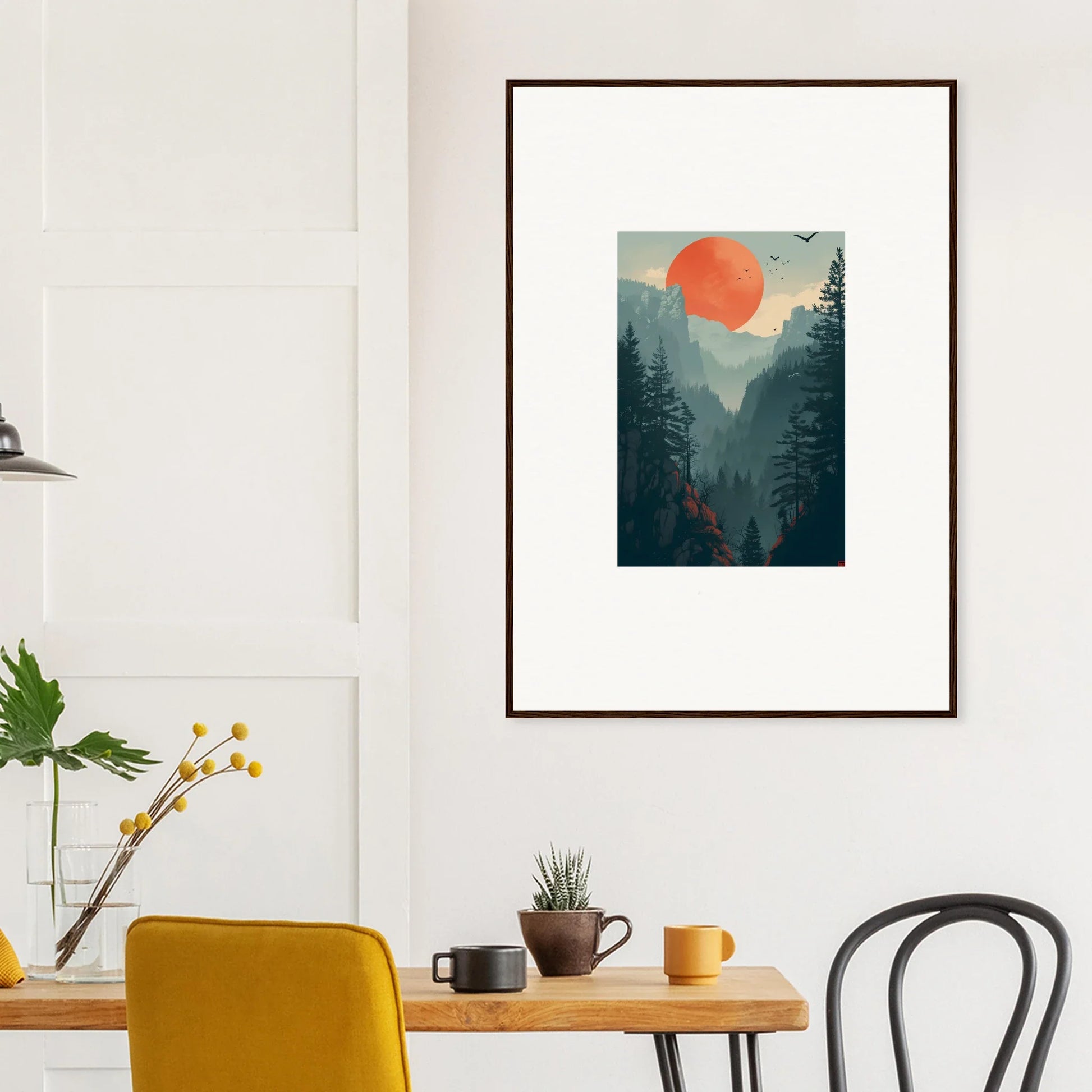Minimalist forest landscape canvas print with a large orange sun for chic room decoration