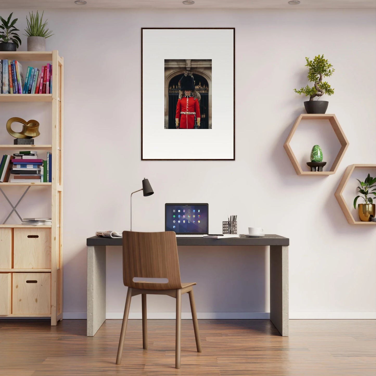 Simple desk workspace with wooden chair and laptop for Monarch’s Dreamaroos collection