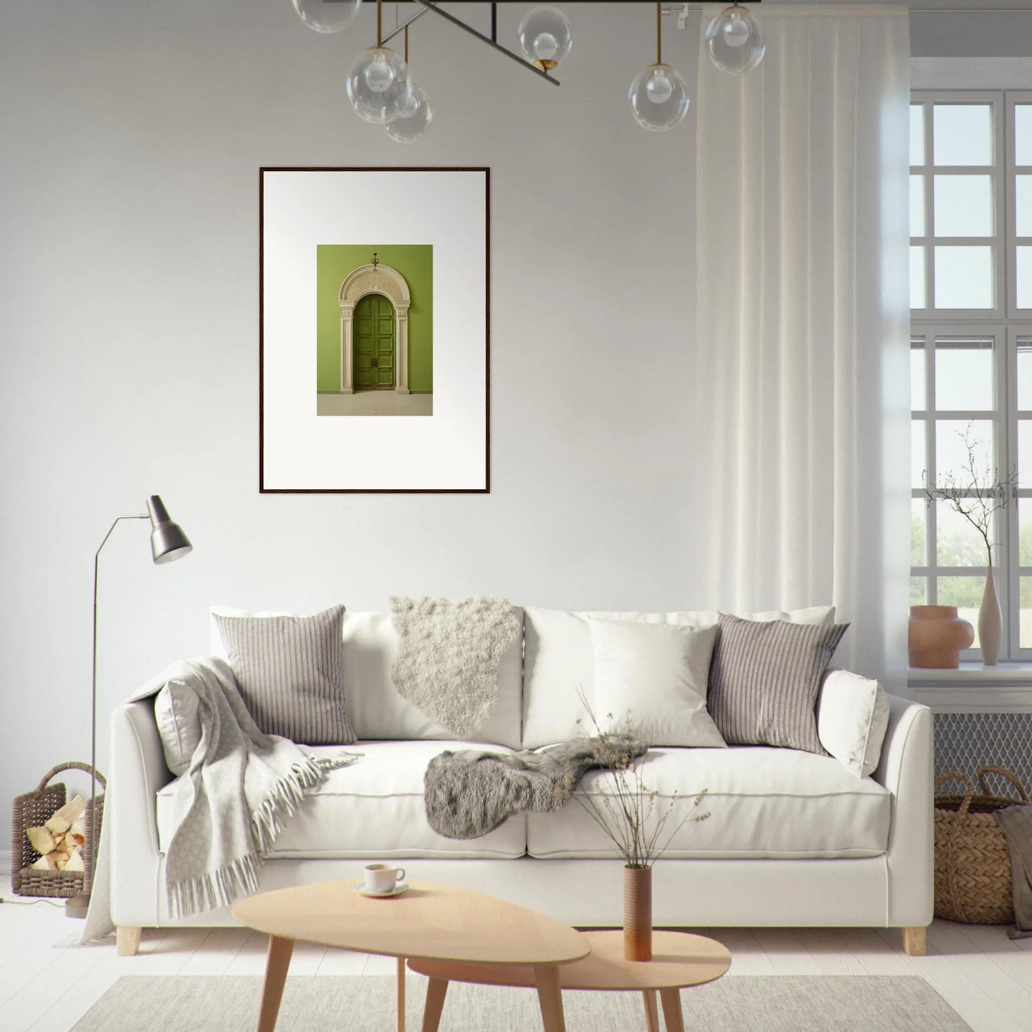 Cozy White Upholstered Sofa with Throw Pillows in Verdant Luminary Portal Special Edition Art™