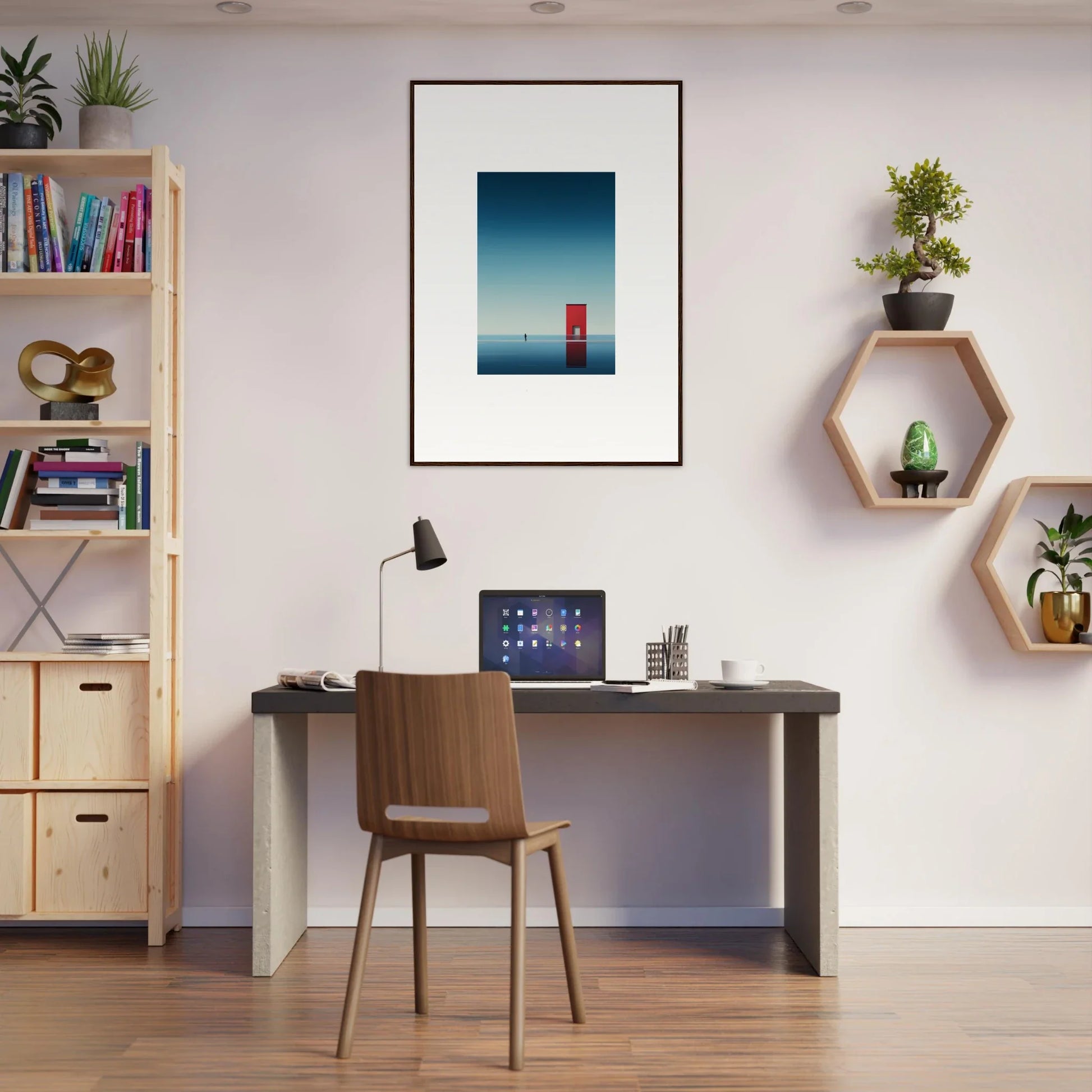 Modern home office with dark desk and Open Horizon special edition art décor
