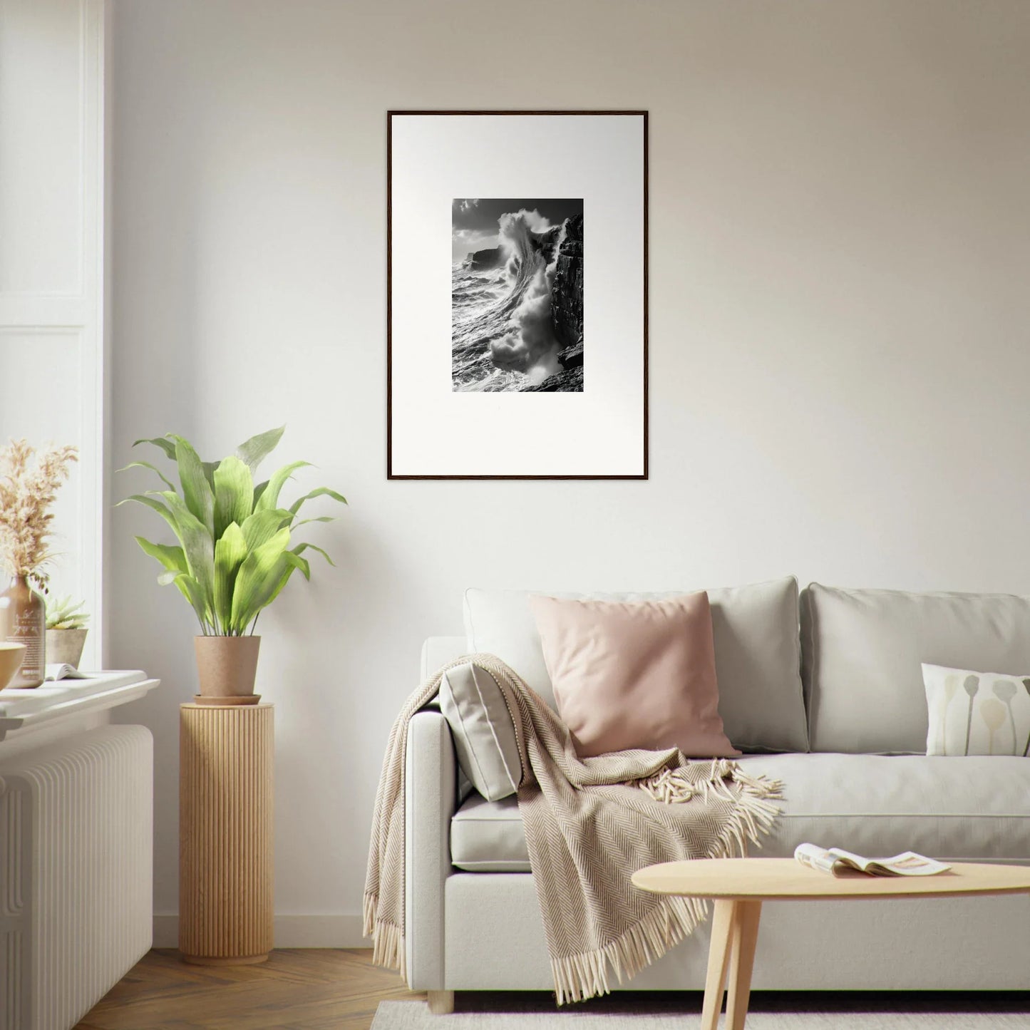Framed black and white photograph on wall showcasing Tidal Curved Reality art™