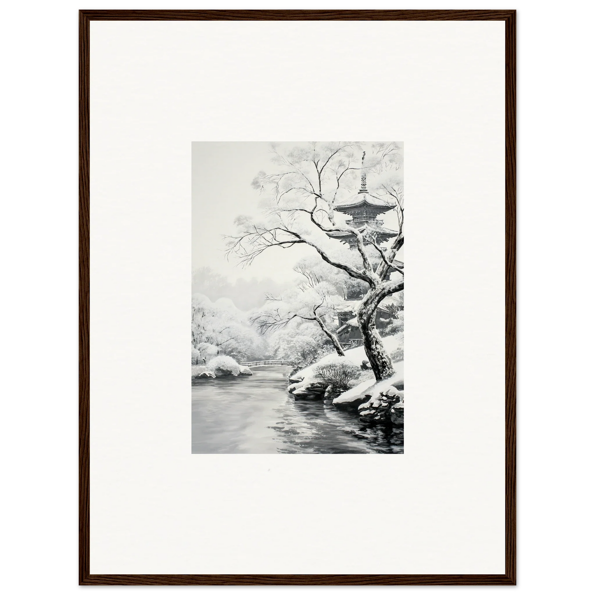 Framed black and white art of a snowy river scene for your Metaphysical Winter Reverie