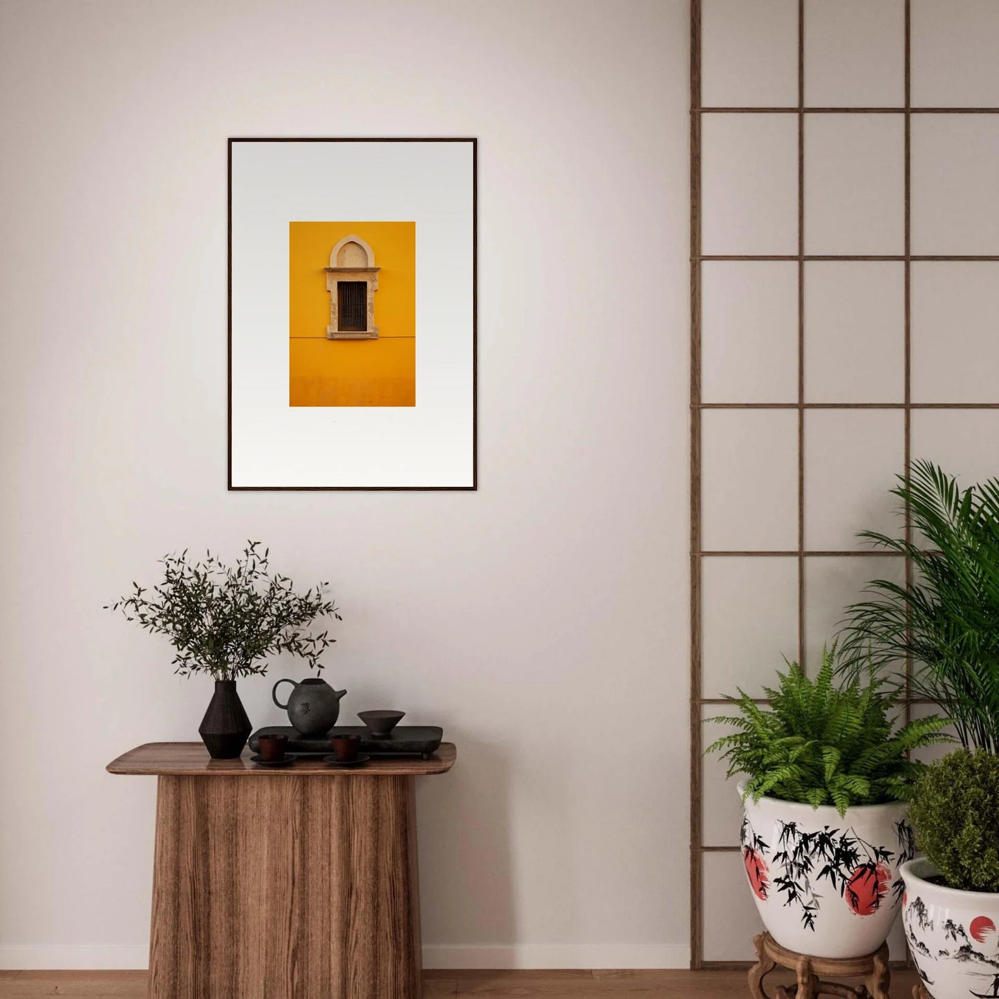 Framed wall art of a window on a yellow wall in the Golden Correspondence Portal