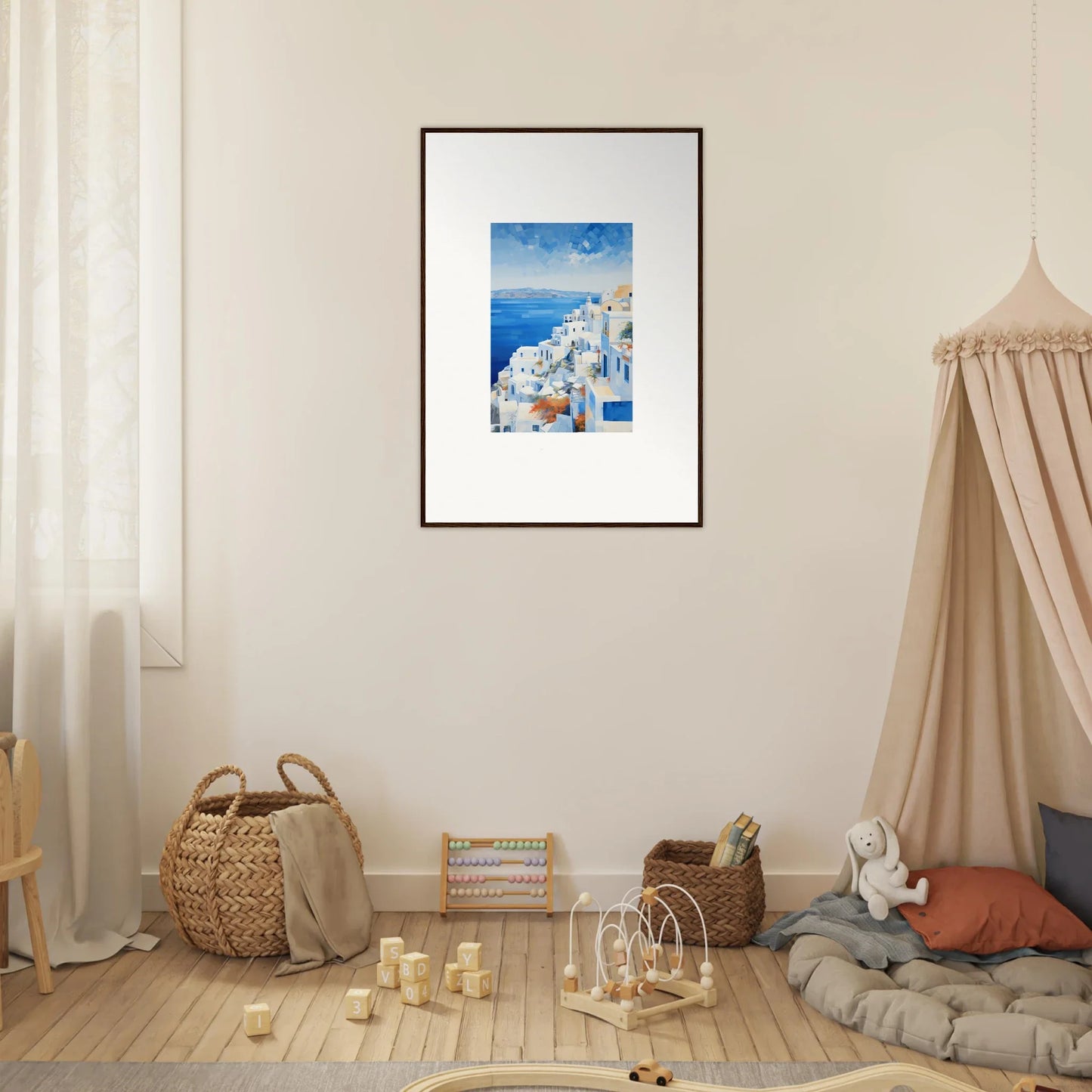 Framed wall art of Santorini’s white buildings and blue domes from Ethereal Azure Echoes