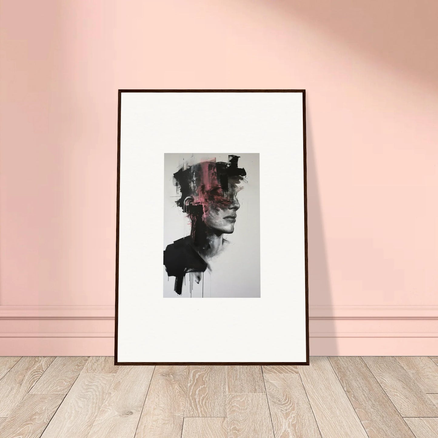Framed Fragmented Psyche Canvas featuring dark watercolor brushstrokes on a light backdrop