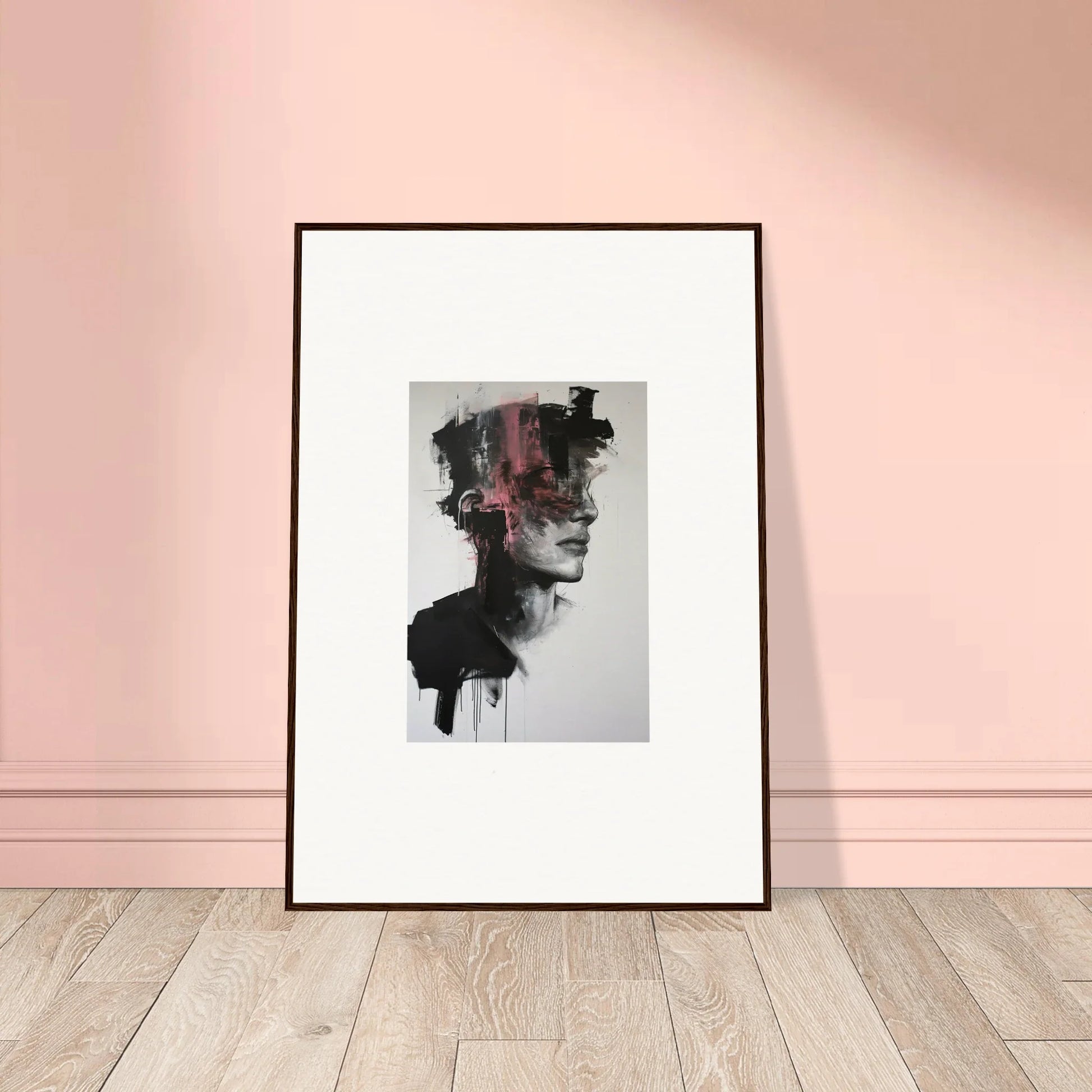 Framed Fragmented Psyche Canvas featuring dark watercolor brushstrokes on a light backdrop