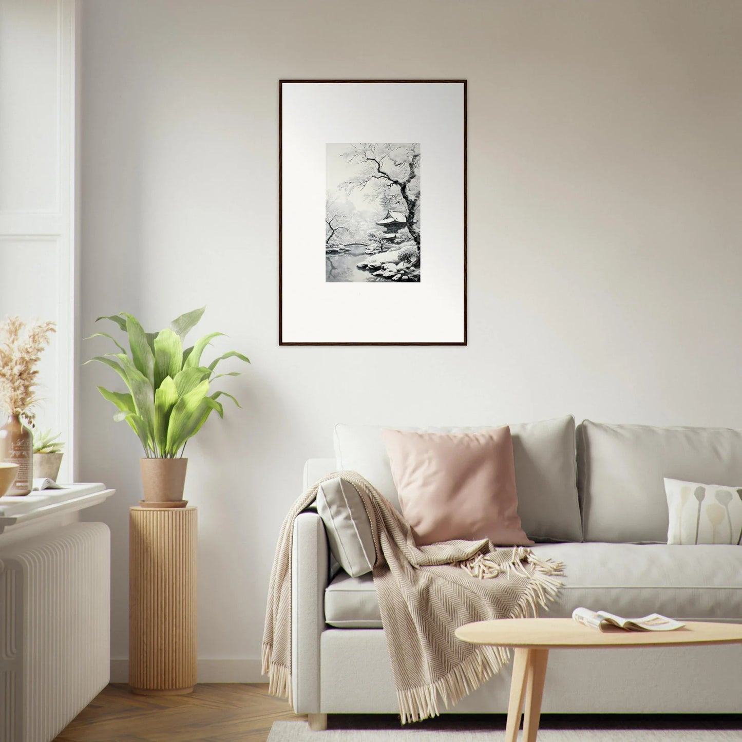 Framed black and white artwork of a bare tree by water in Winter Embrace Whisper