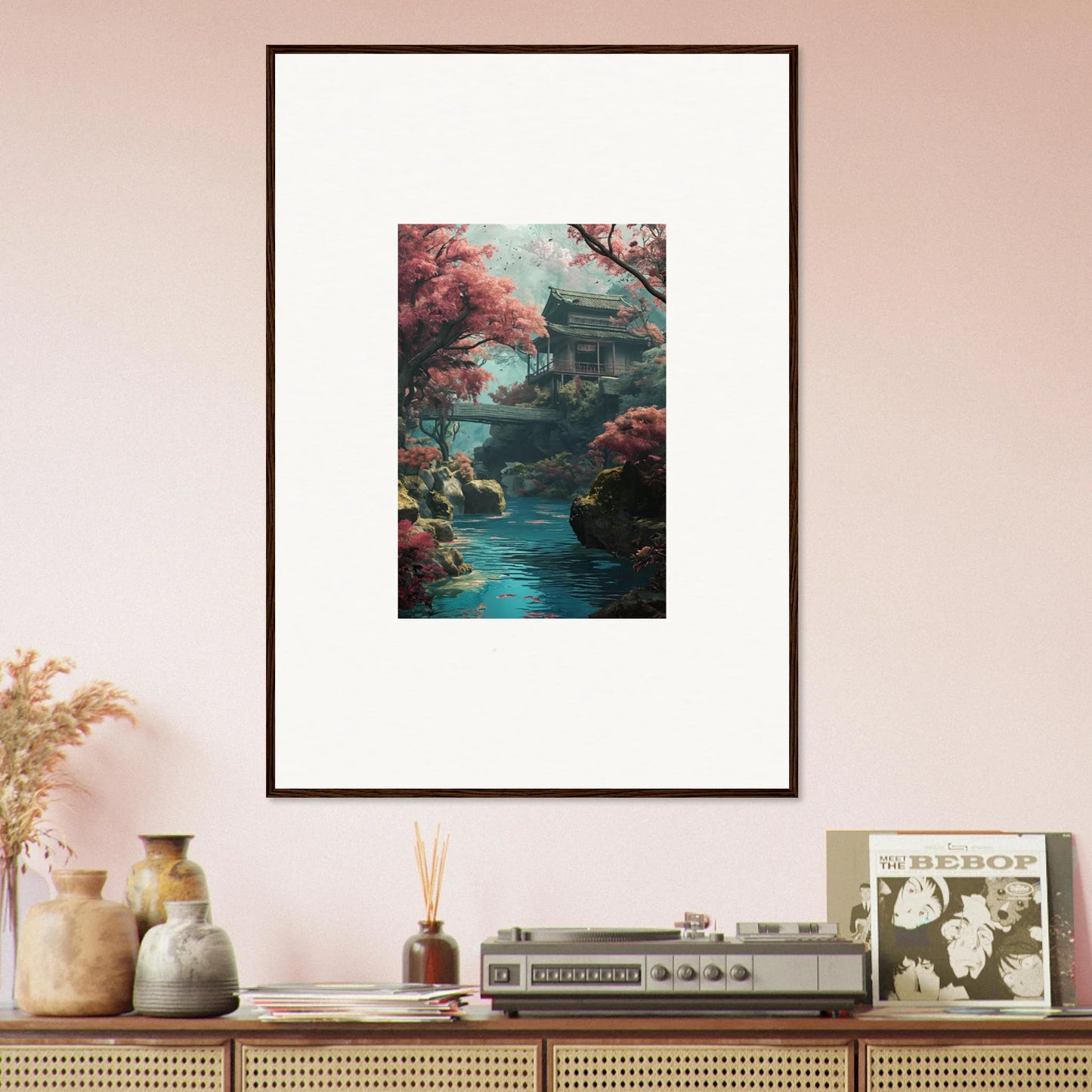 Framed Serenity’s Dreamscape art with a Japanese pagoda and cherry blossoms by a stream