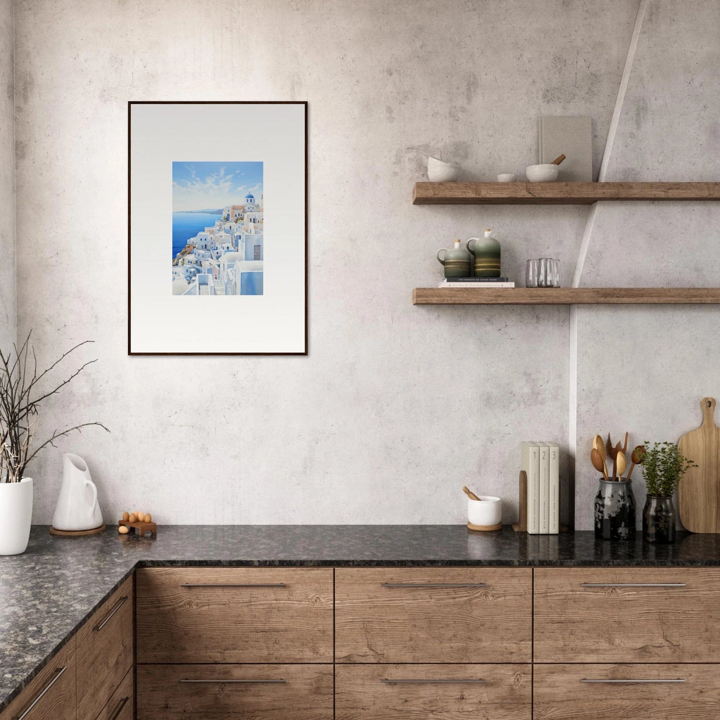 Framed photograph of Santorini’s beauty in Dreams Overlapping Reality premium wall art
