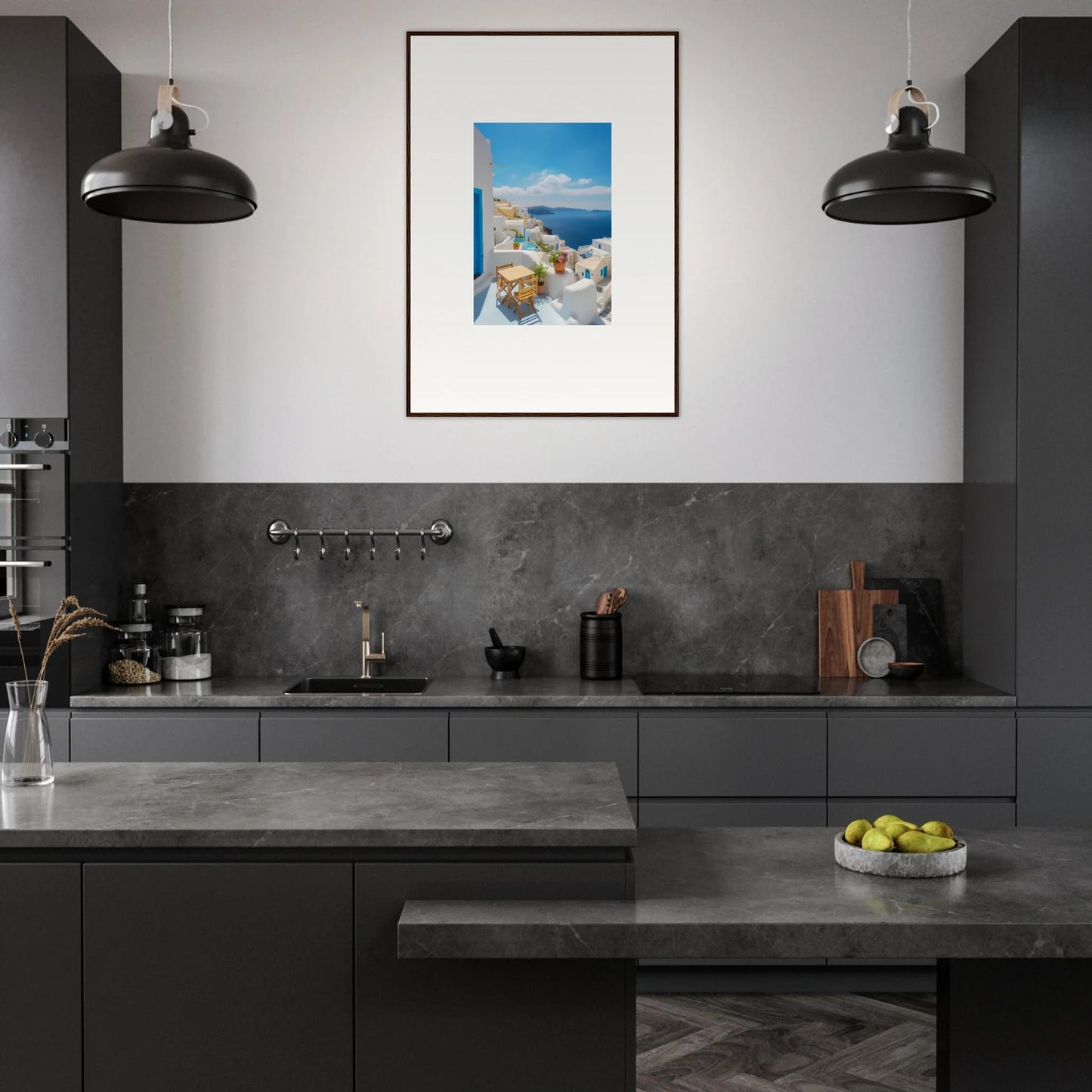 Modern dark gray kitchen featuring industrial pendant lights and Dream-Touched Odyssey art