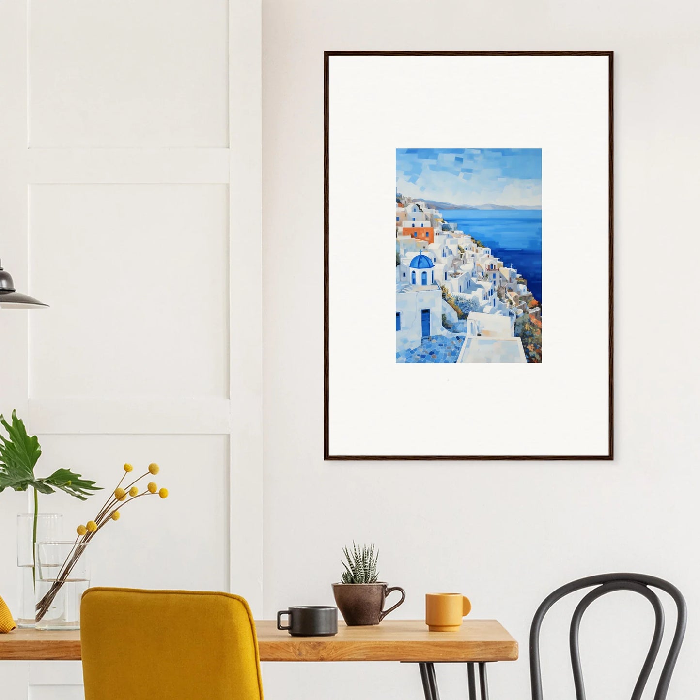 Framed artwork of Santorini’s white buildings and blue domes in Labyrinthine Azure Reverie