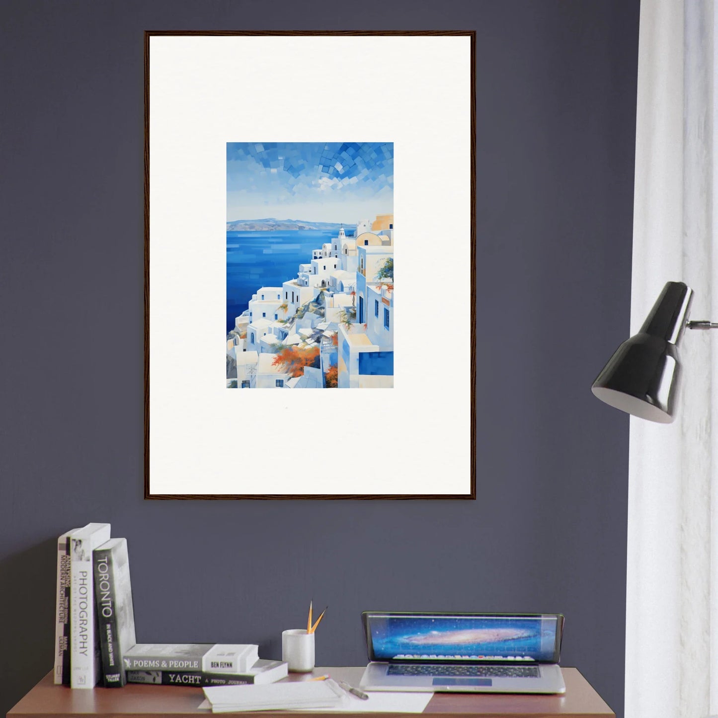 Framed wall art of Ethereal Azure Echoes featuring Santorini’s stunning blue domes