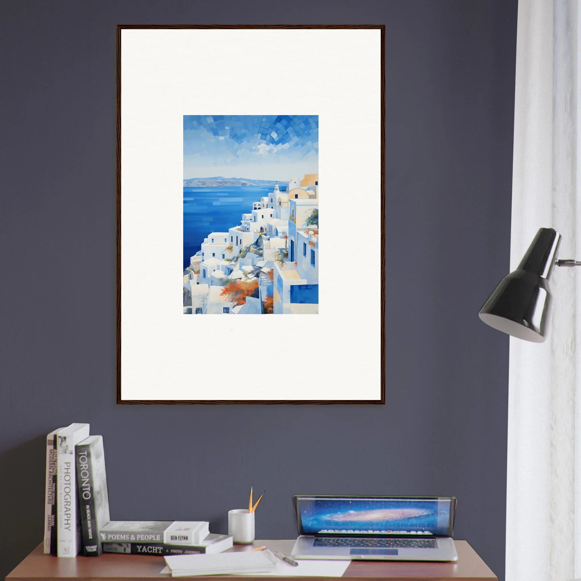 Framed wall art of Ethereal Azure Echoes featuring Santorini’s stunning blue domes