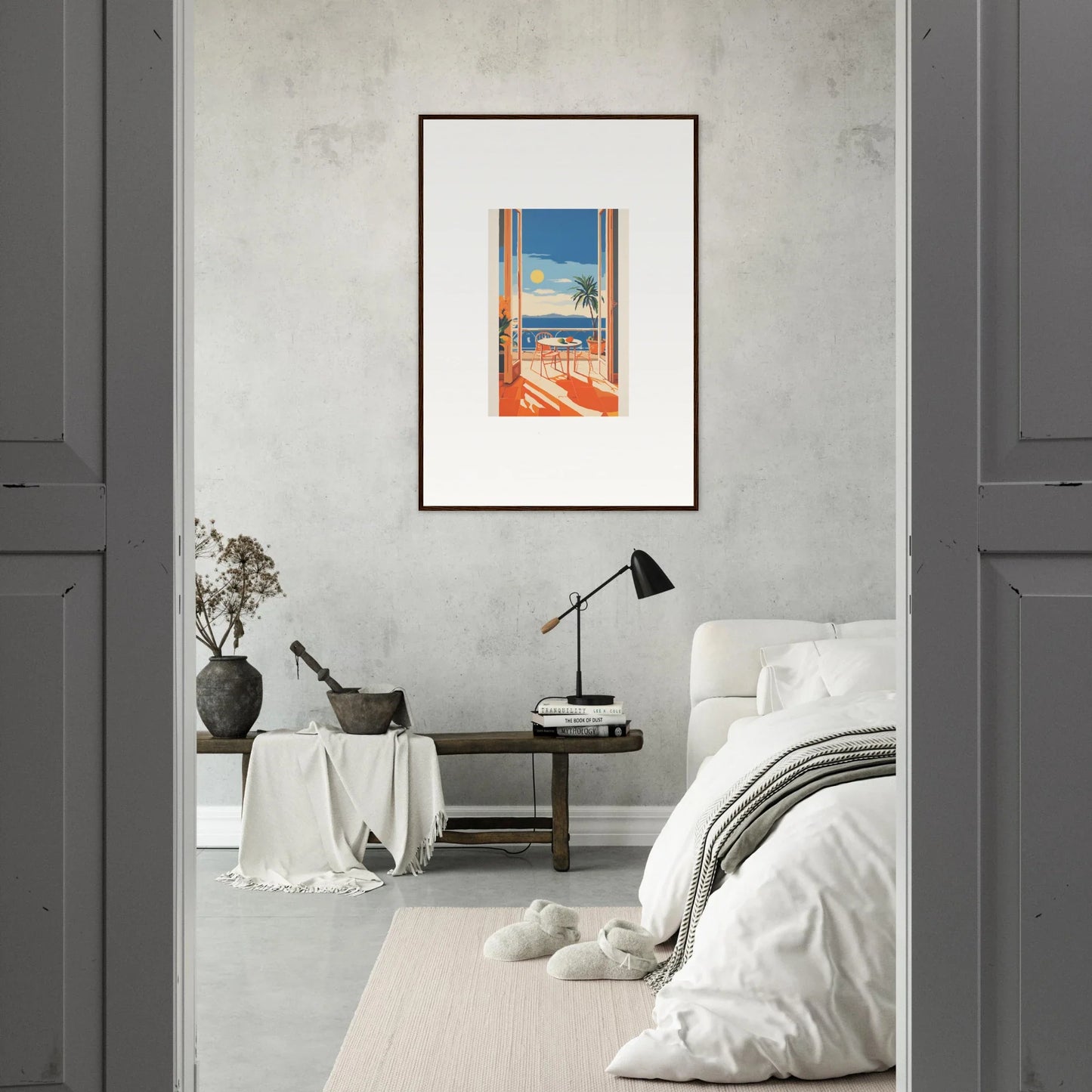 Framed poster of an ocean view through an orange window for Tranquil Mirage Brunch