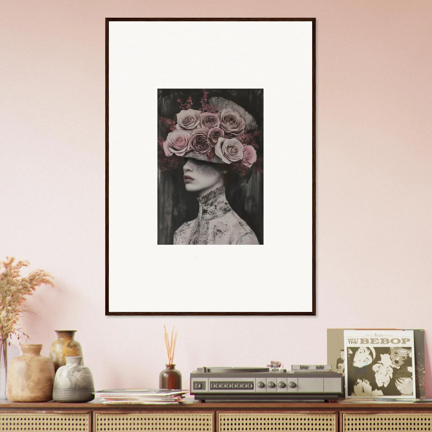 Framed black and white art of a figure with a crown of roses for Floral Odyssey Veil