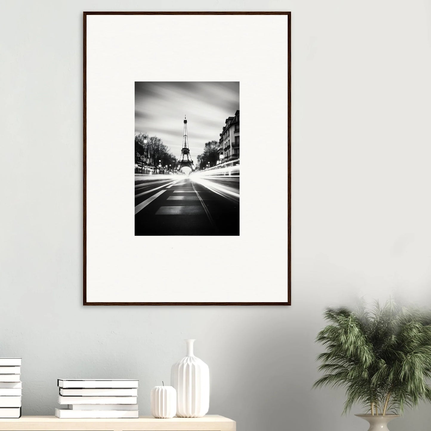 Stylish Black and White Framed Wall Art of the Eiffel Tower in Synth Wave Elysium