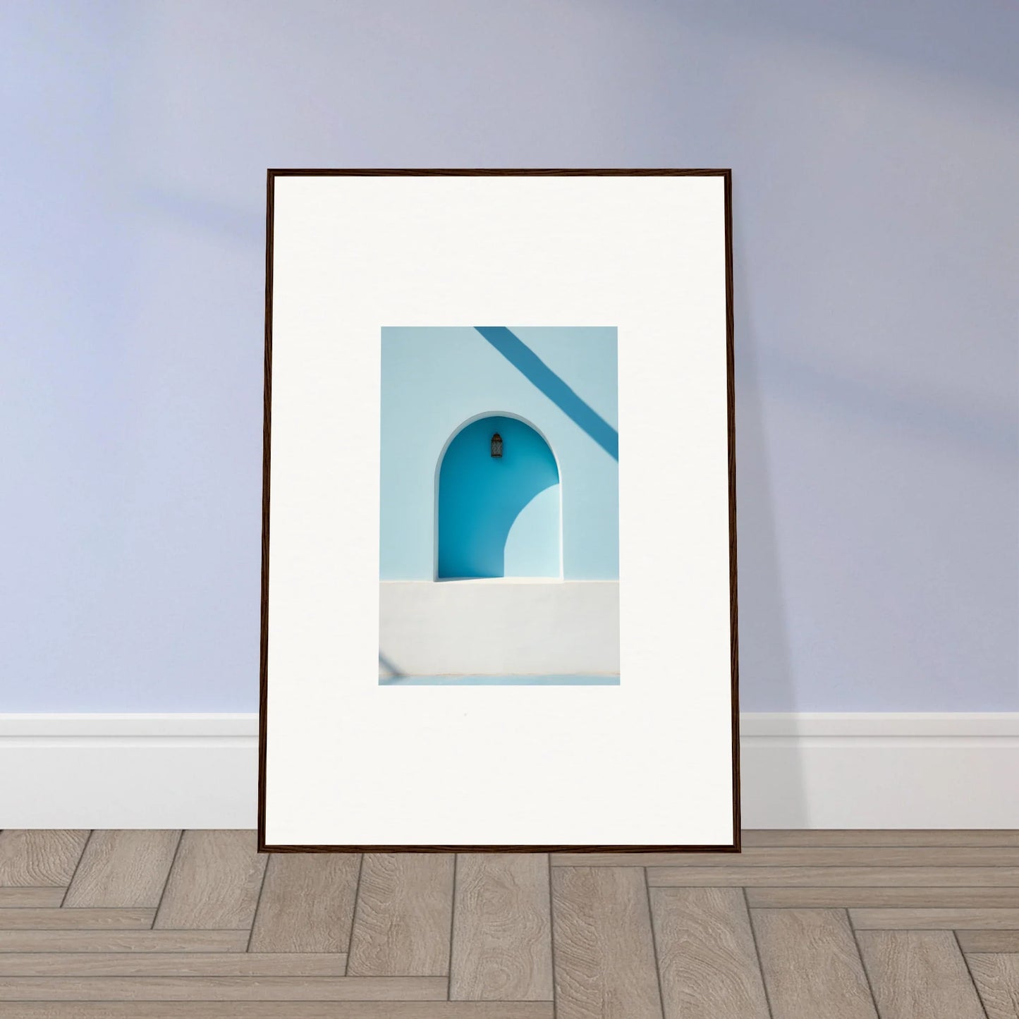 Framed wall art of a white wall with a turquoise arched doorway, Elusive Solitude Clarity