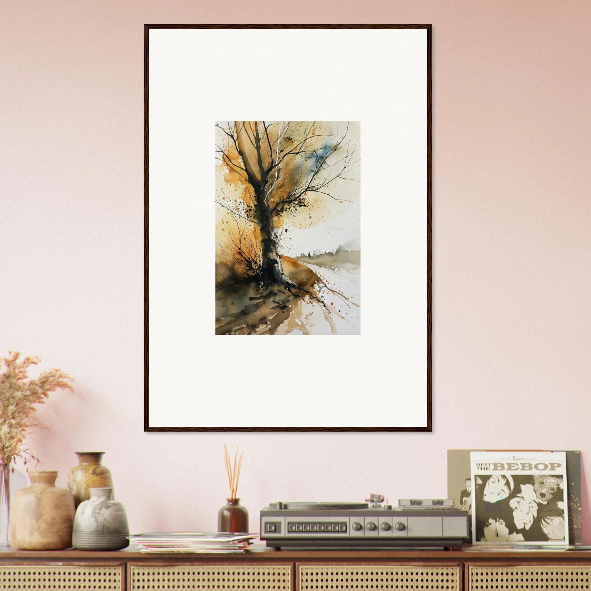 Framed watercolor wall art of a bare tree by a misty shoreline for room decoration