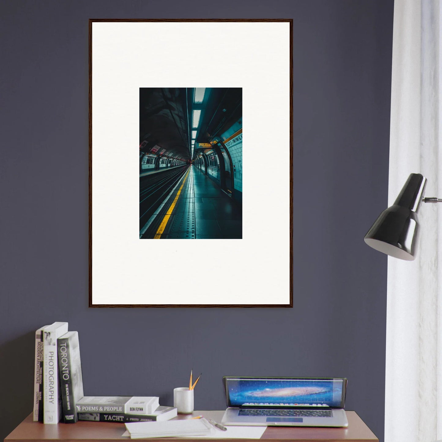 Framed photograph of an empty subway tunnel with turquoise lights for Portal Echo Anatomy