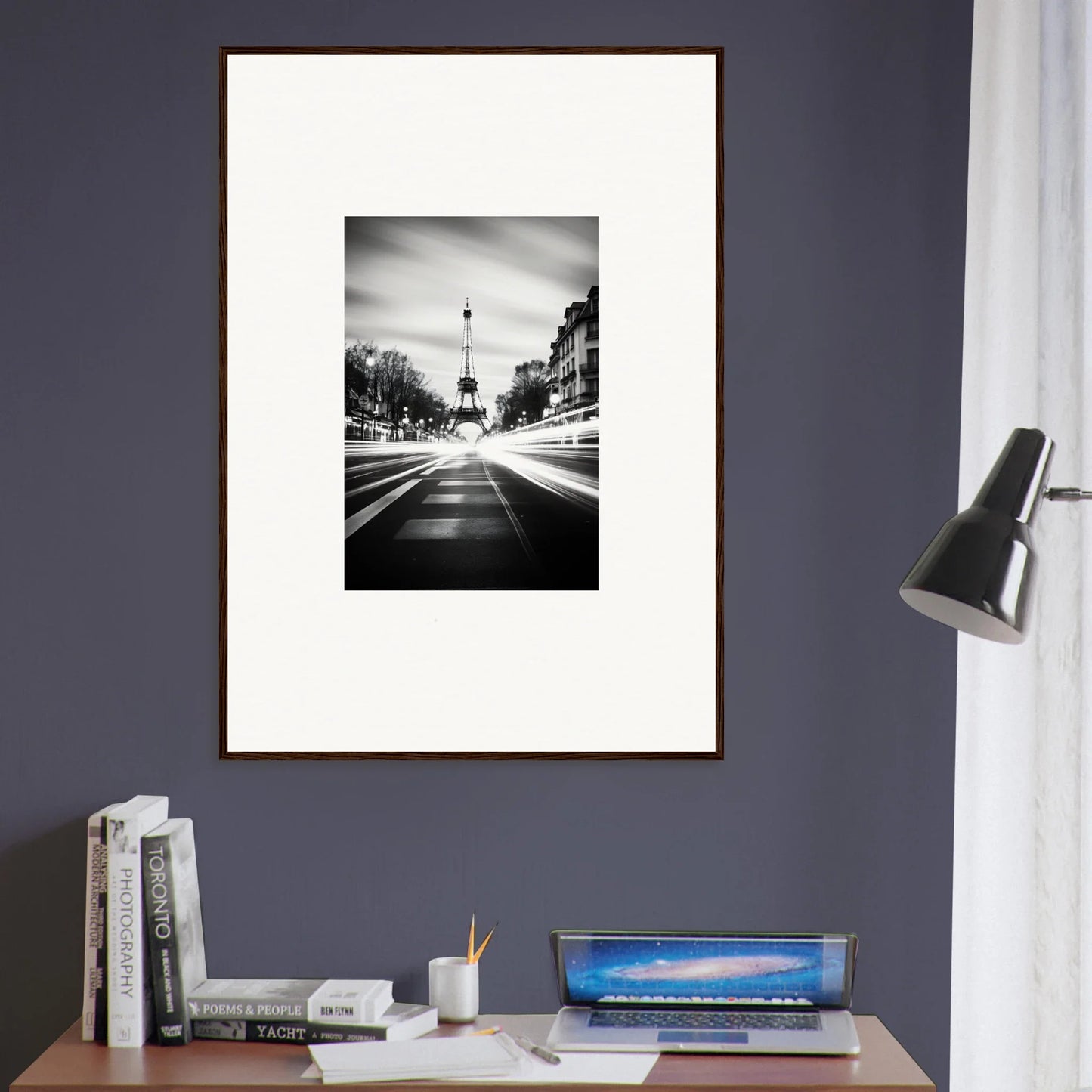 Black and white framed wall art of the Eiffel Tower in Synth Wave Elysium style