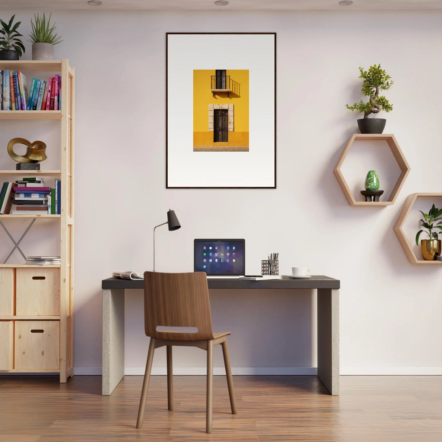Modern home office with dark desk and wooden chair, featuring Sun Custard Symphonies art